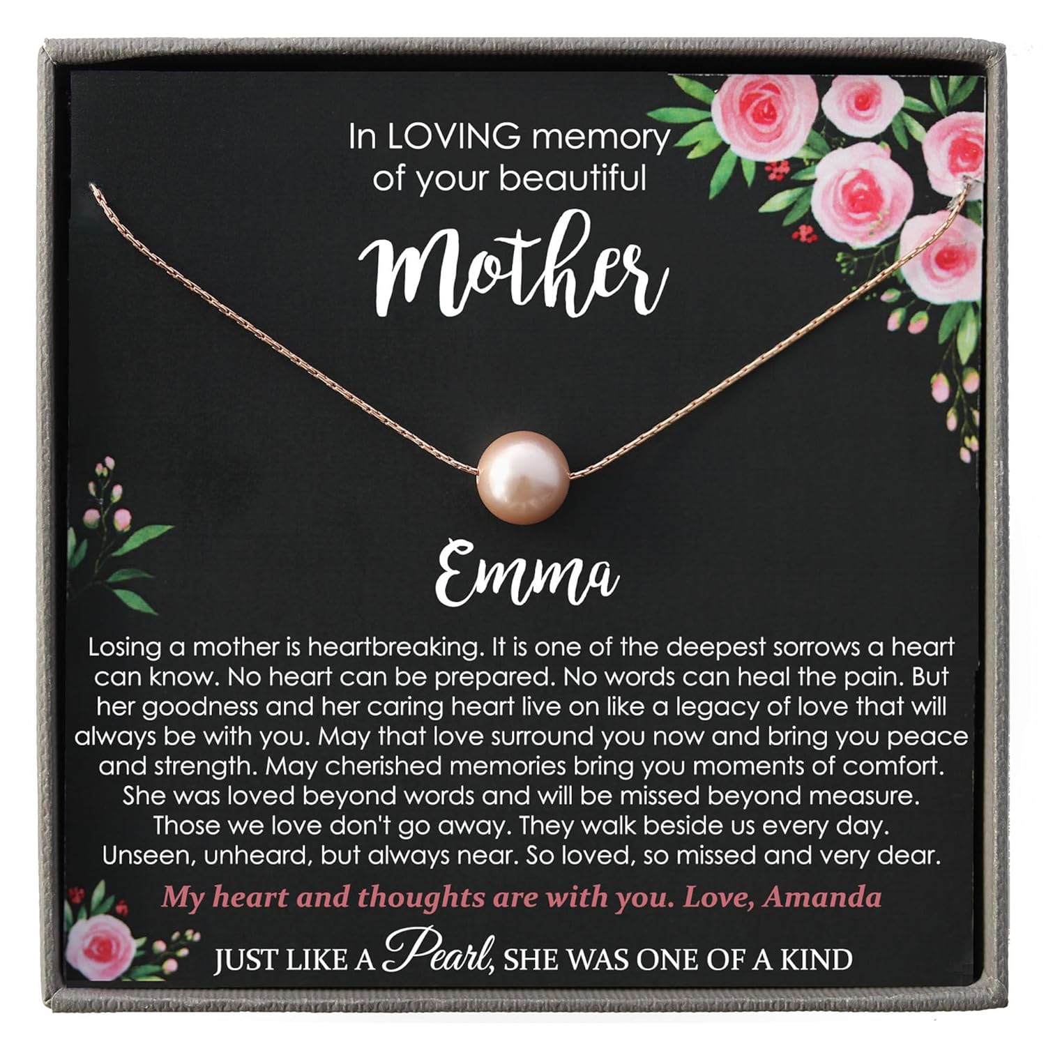 Personalized Memorial Gifts for Loss of Mother, Single Pearl Necklace with Meaningful Message, 14K Rose or Yellow Gold Filled or Sterling Silver
