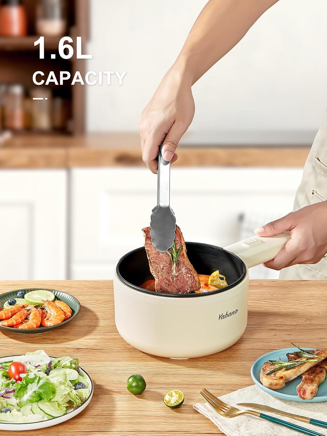 Yabano Olla eléctrica, olla eléctrica antiadherente de 850 W con vaporizador, olla de fideos de 1.6 litros con control de potencia doble, olla