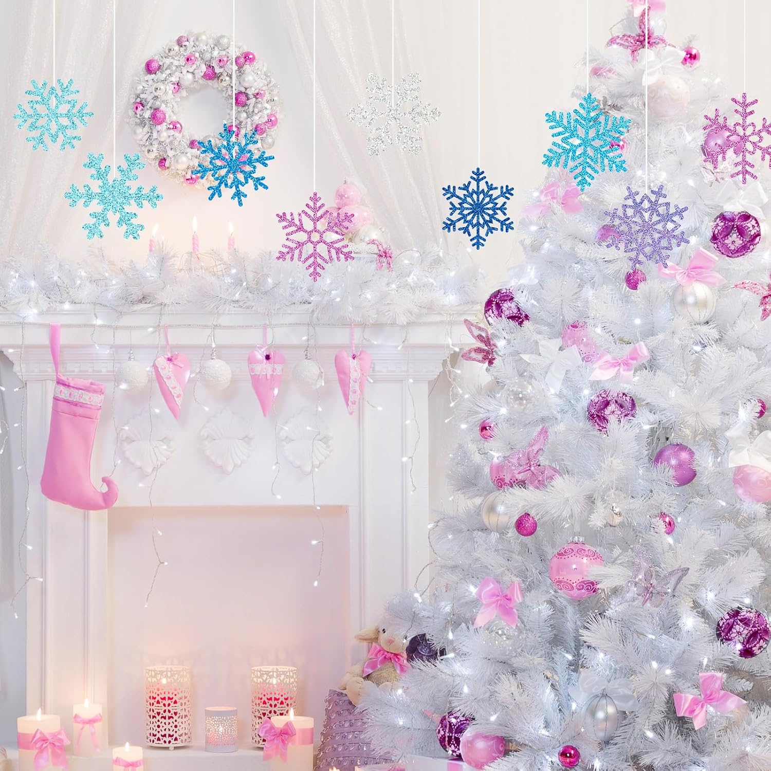 Zonon 48 piezas de recortes de copo de nieve para decoración de invierno y Navidad, recortes de papel de copo de nieve con puntos de pegamento para