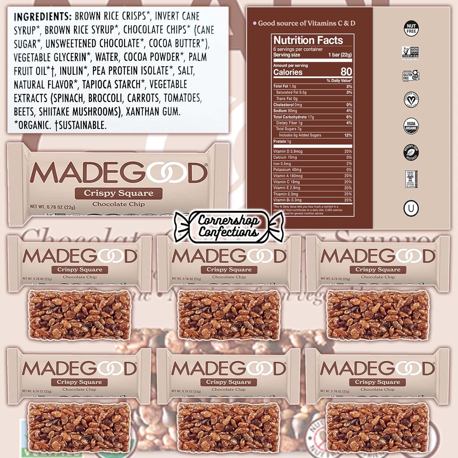 MadeGood Crispy Squares – Paquete variado de 36 unidades, 3 sabores incluidos, 12 barras de cada sabor, chispas de chocolate, fresa y vainilla,