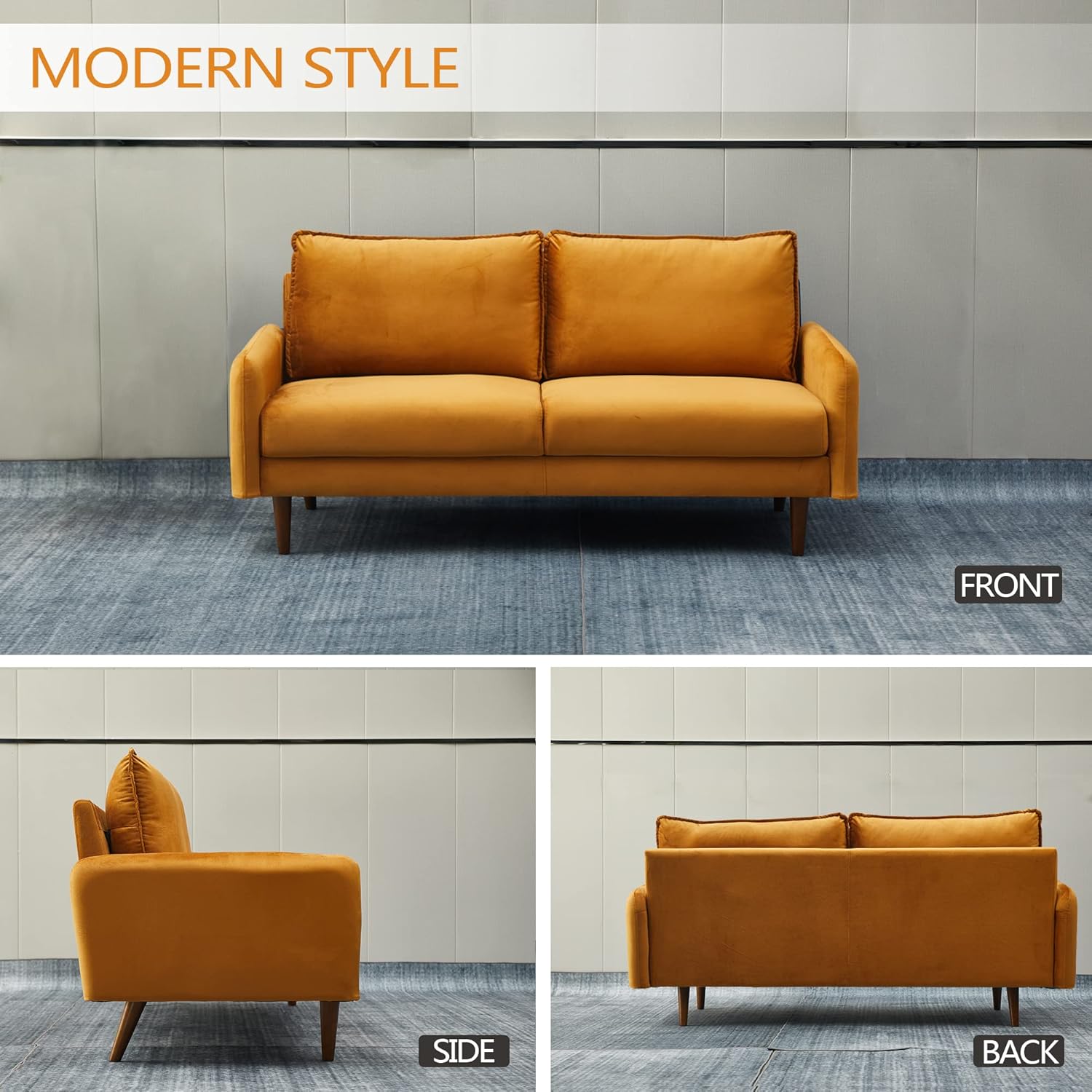 Sofá de terciopelo Sofá moderno de mediados de siglo con patas de madera para sala de estar – Jengibre