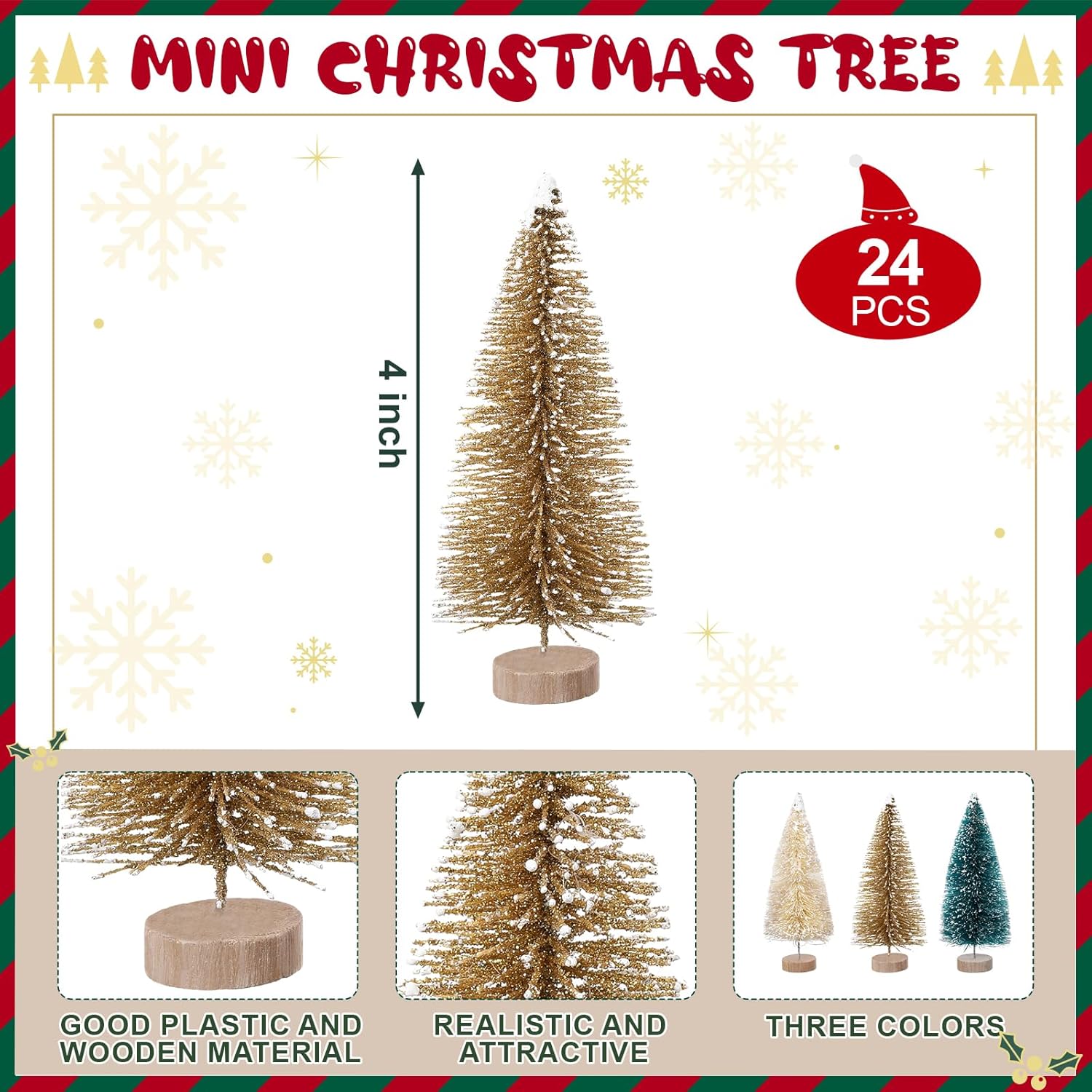 Yuxung 24 mini botellas de árbol de Navidad de 4 pulgadas, árboles artificiales de sisal esmerilado con base de madera para decoración de Navidad y