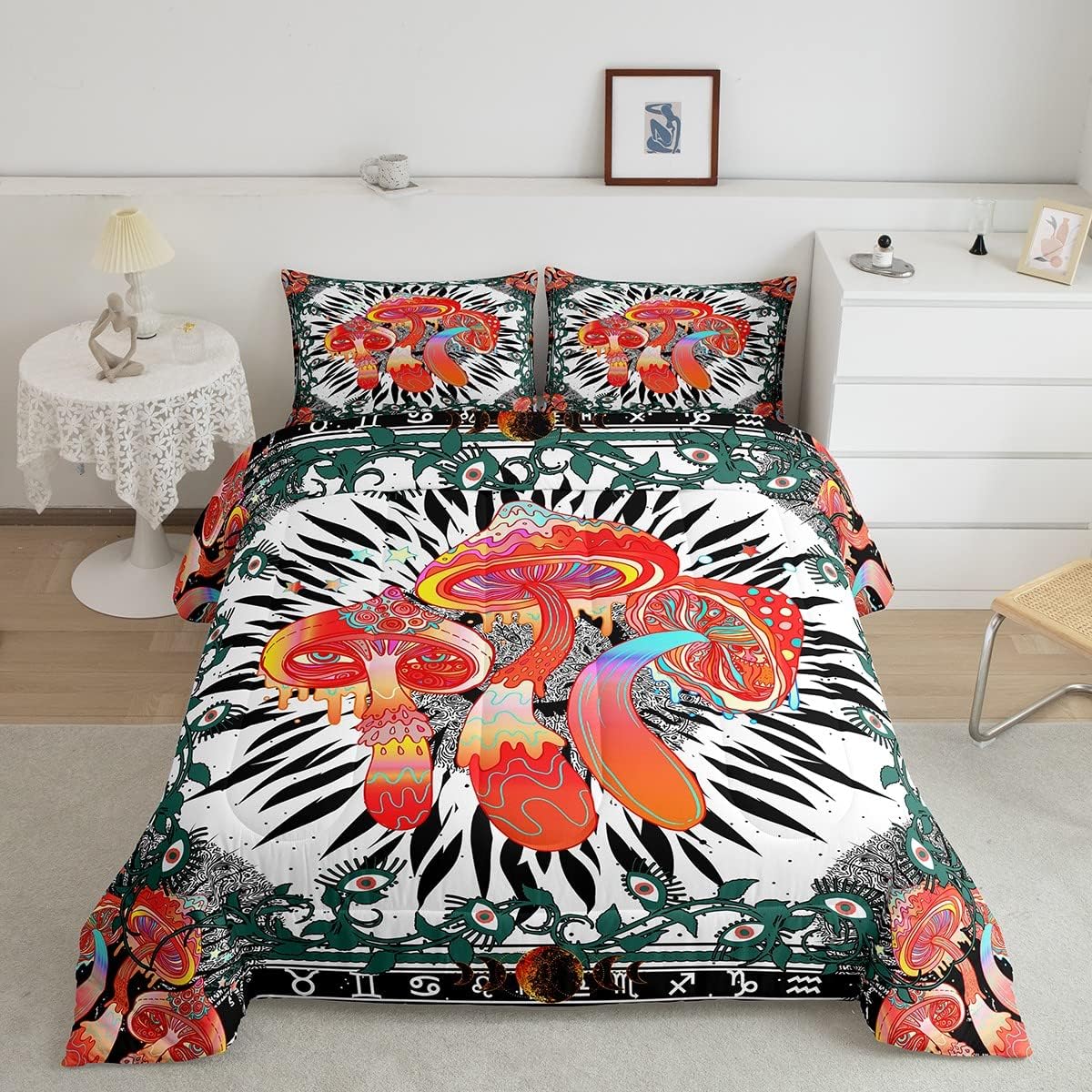 Erosebridal Juego de edredón de hongos rojos, tamaño King, diseño de mandala negro y cachemira, juego de ropa de cama para todos los que ven los