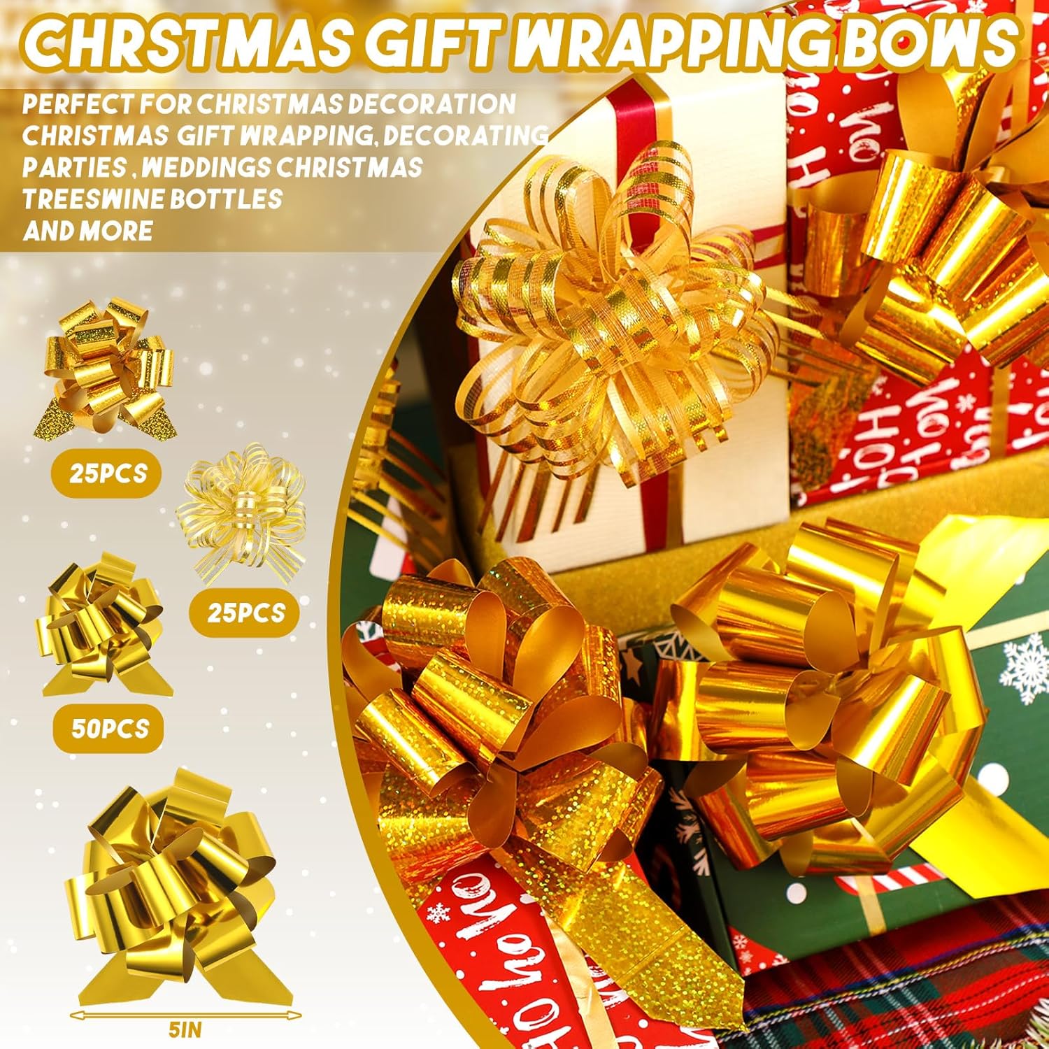 100 lazos de regalo de Navidad de 5 pulgadas con accesorio de envoltura de cinta, lazos de regalo de Navidad para cestas de vacaciones, decoración