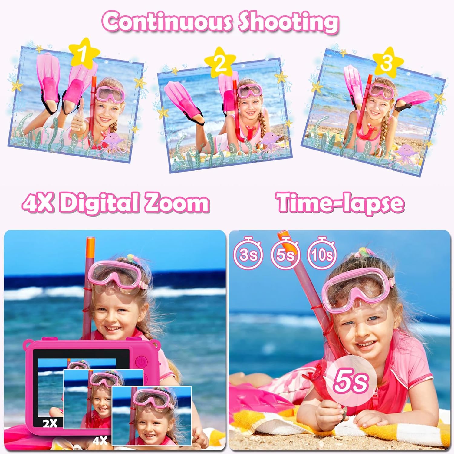 GKTZ Cámara para niños, 1080P HD digital impermeable para niños, cámara deportiva subacuática para exteriores con tarjeta SD de 32 GB, juguetes de