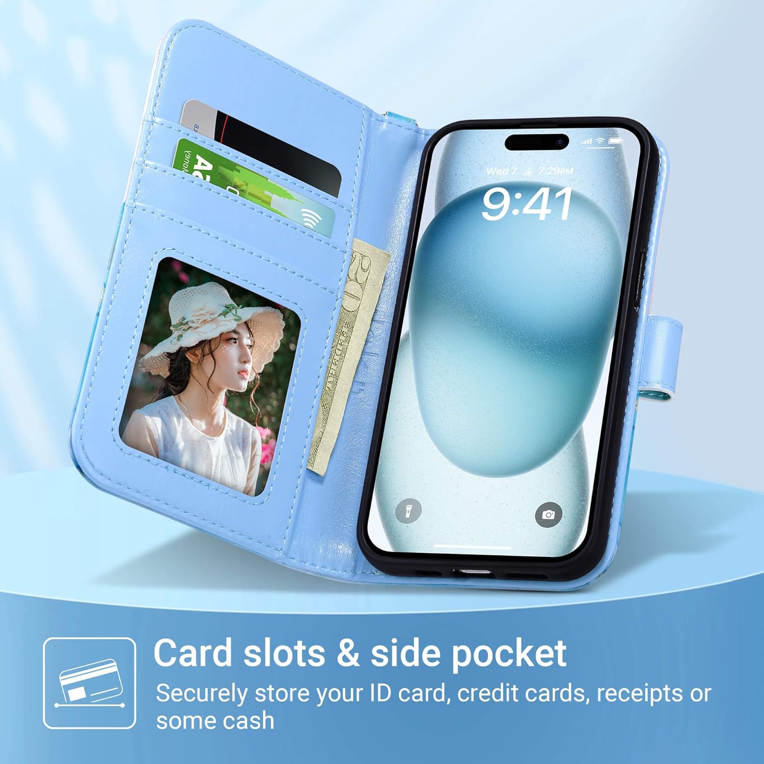 ULAK Funda de piel sintética de alta calidad compatible con iPhone 15 con tarjetero y función atril para iPhone 15 2023 de 6.1 pulgadas, mármol