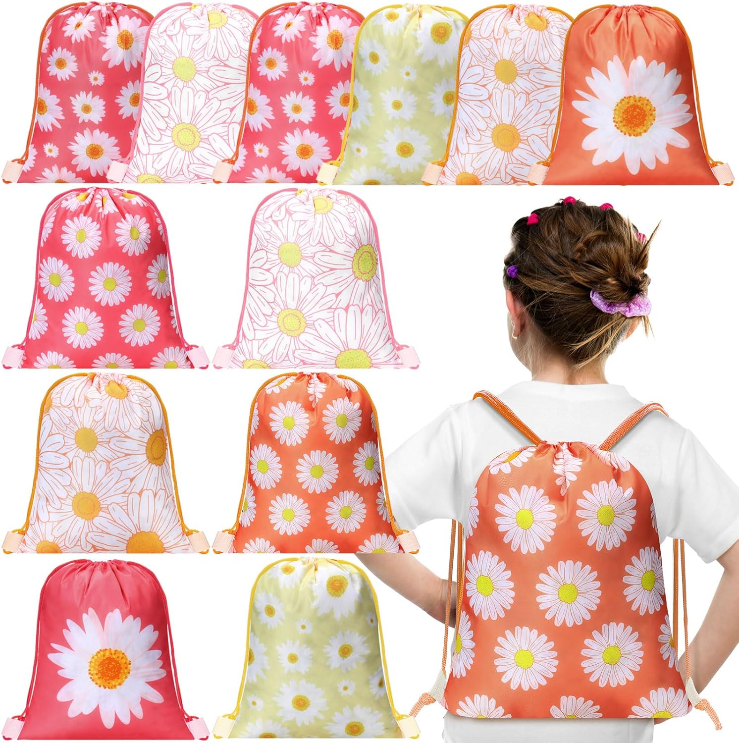 Paquete de 12 bolsas con cordón de flores de margarita, suministros de fiesta de cumpleaños, bolsas de regalo de flores de margarita, bolsas de
