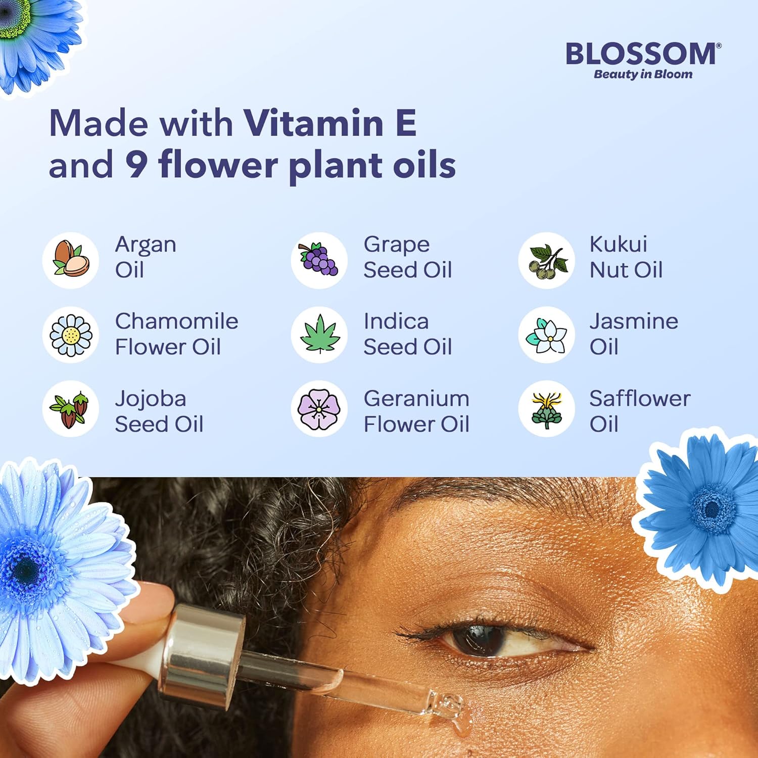 Blossom All Natural Organic – Suero hidratante para ojos sin crueldad animal con aceites esenciales, infundido con flores reales, fabricado en