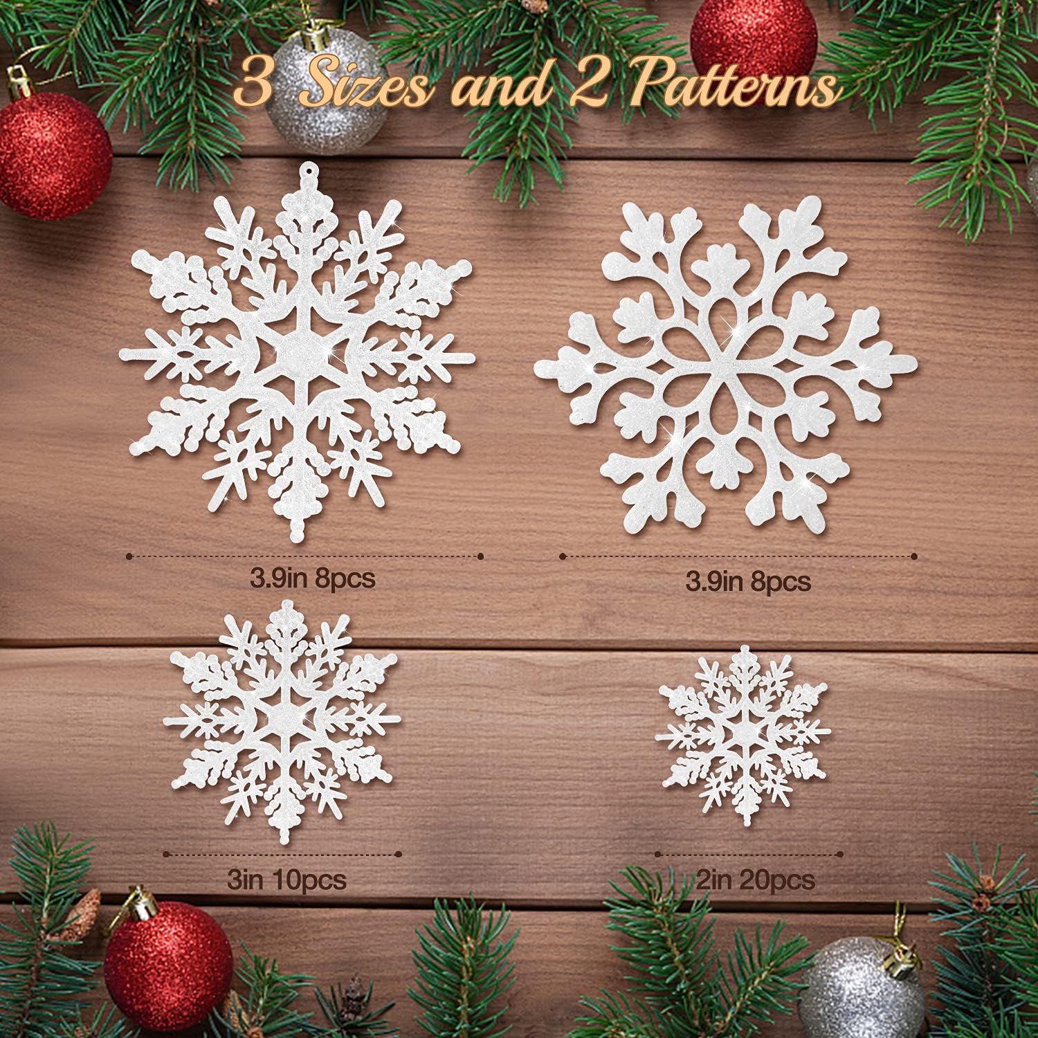 46 piezas de adornos de copo de nieve con purpurina blanca de varios tamaños, decoraciones de árbol de Navidad de plástico con cuerda plateada para