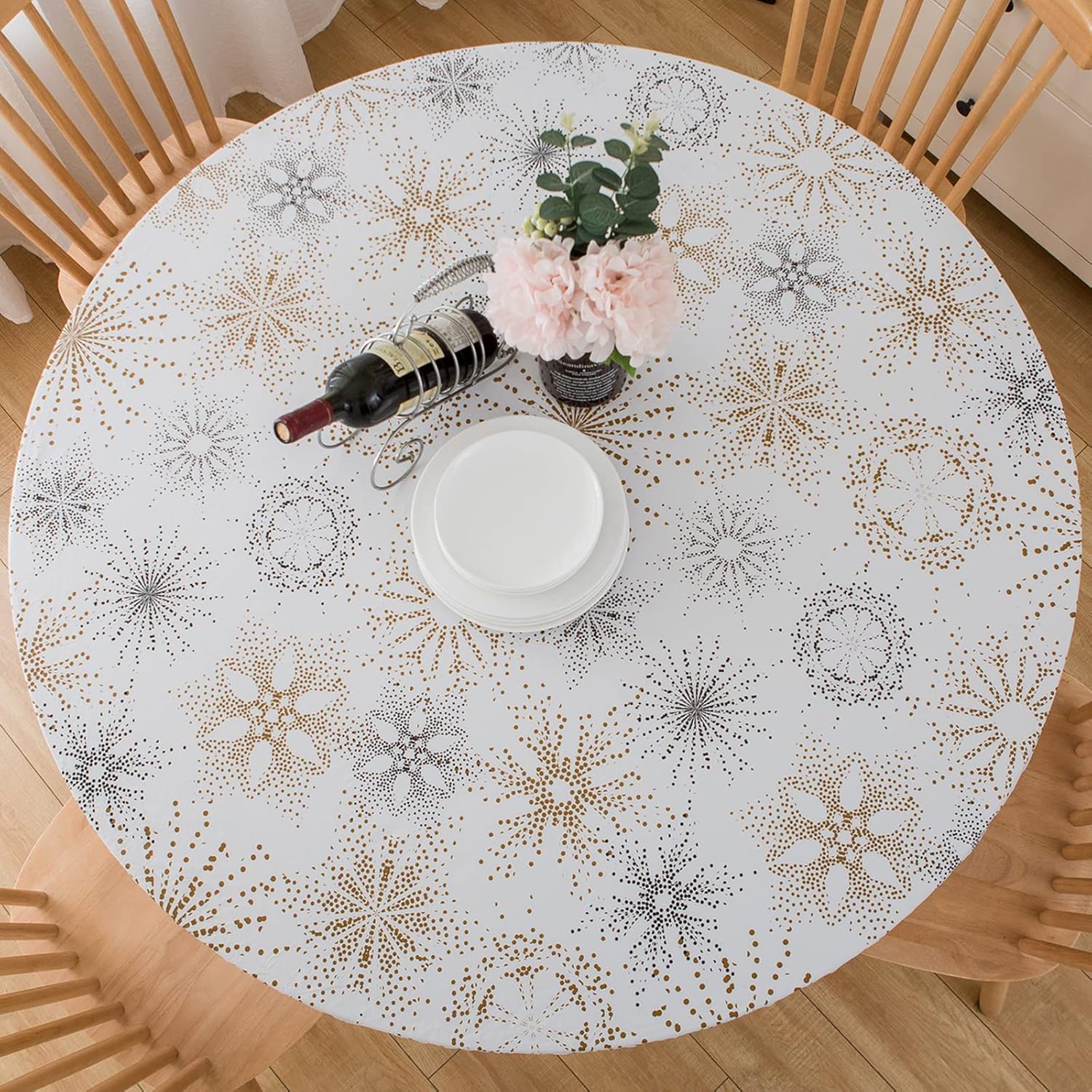 LIBERECOO Mantel redondo de vinilo ajustable impermeable con bordes elásticos, manteles de plástico para interiores y exteriores