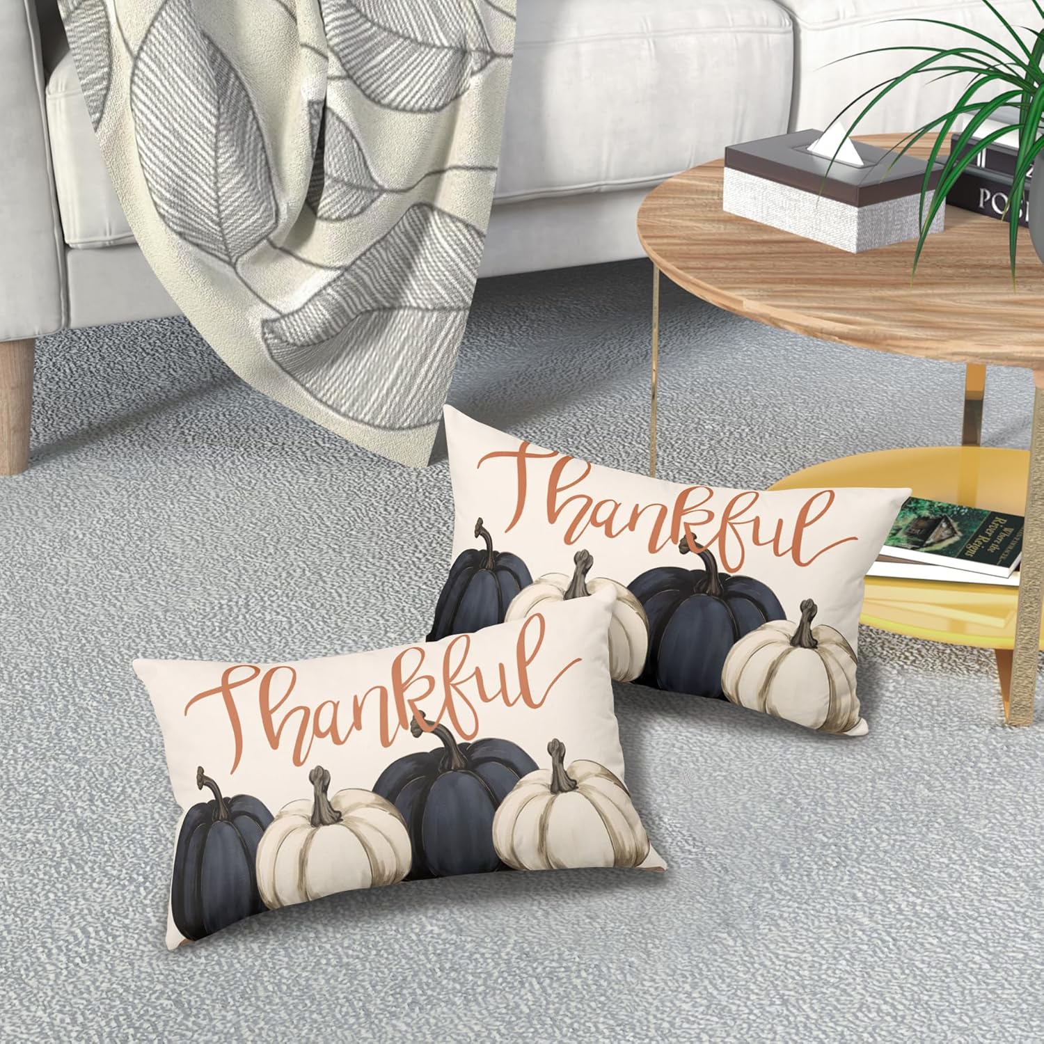 Juego de 2 fundas de almohada de calabazas azules y blancas decorativas de otoño de 12 x 20 pulgadas, juego de 2 fundas de almohada de otoño de