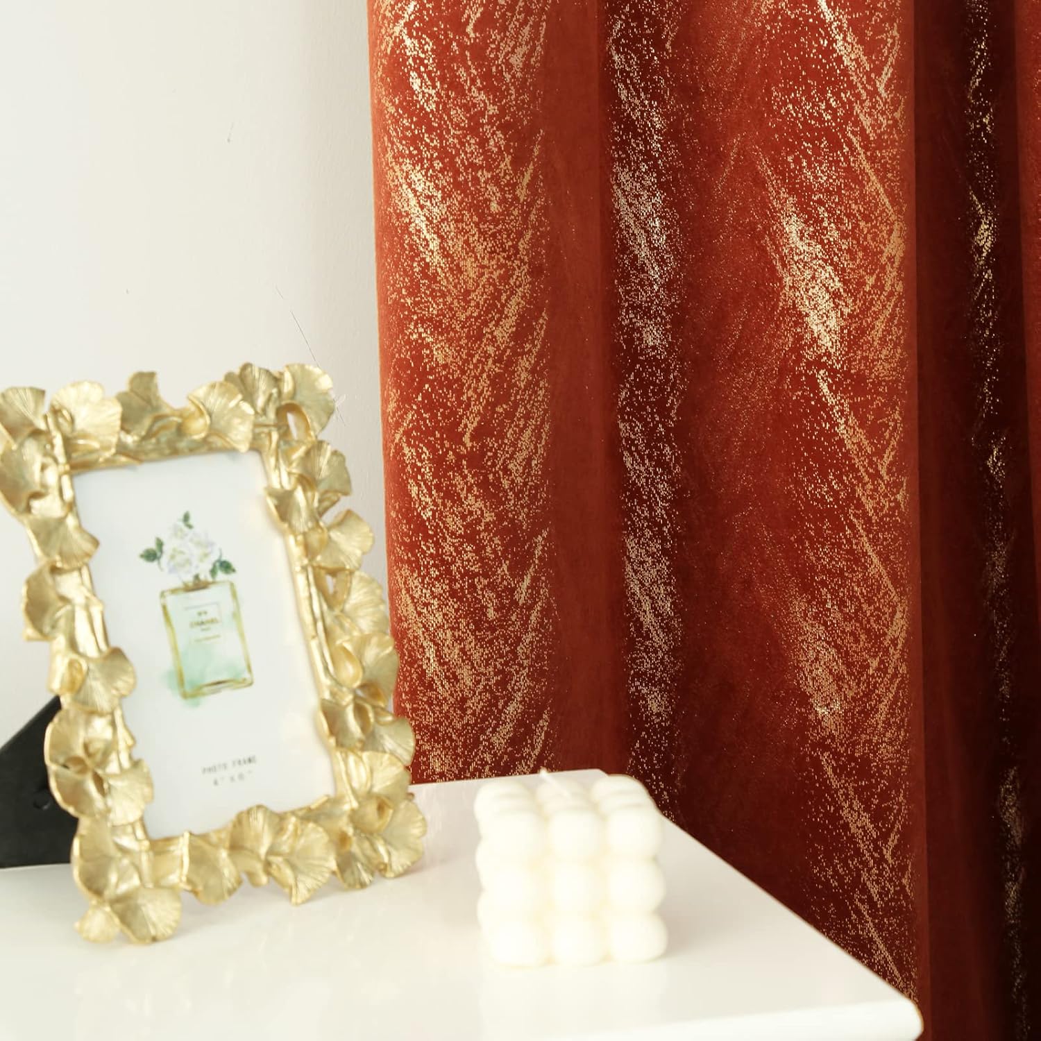 Tootop Cortinas de terciopelo naranja quemado, estampado dorado champán, patrón geométrico brillante, sala de estar, dormitorio, aislamiento térmico