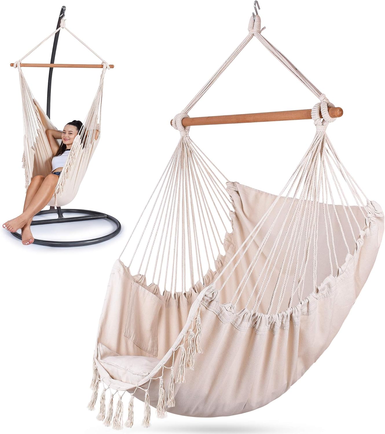 Sorbus Silla hamaca para dormitorios, interiores o exteriores, asiento de cama columpio extralargo, algodón de calidad para una comodidad y