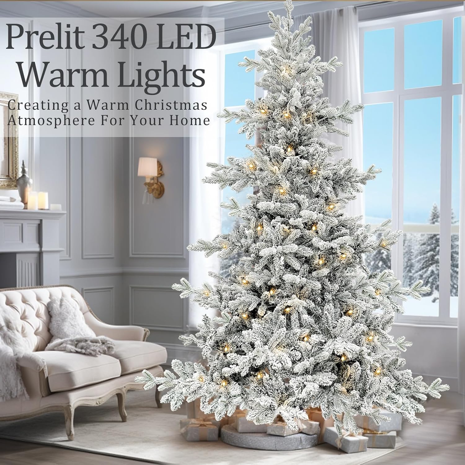 Árbol de Navidad artificial de Aspen flocado de 6 pies, 965 puntas nevadas, 340 luces, muy flocado, soporte de metal, decoración navideña