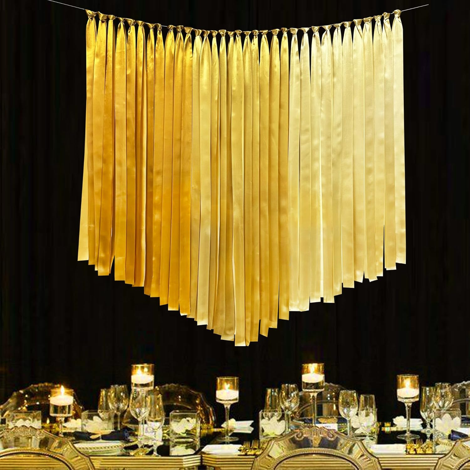 Decoraciones de fiesta doradas de 197 x 1.97 pulgadas, guirnalda de fondo colgante de cinta dorada degradada con flecos para cumpleaños, despedida