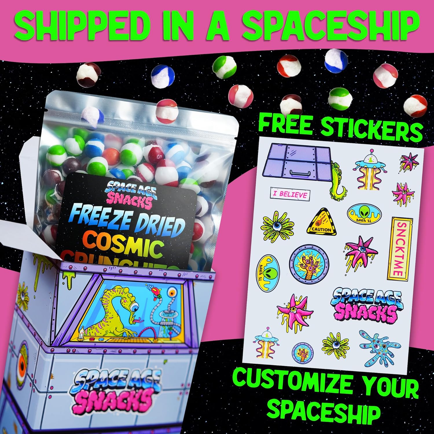 Paquete variado liofilizado premium con 2 tipos de dulces liofilizados  Chamoy Cosmic Crunchies y Berry Cosmic Crunchies se envían en caja de nave