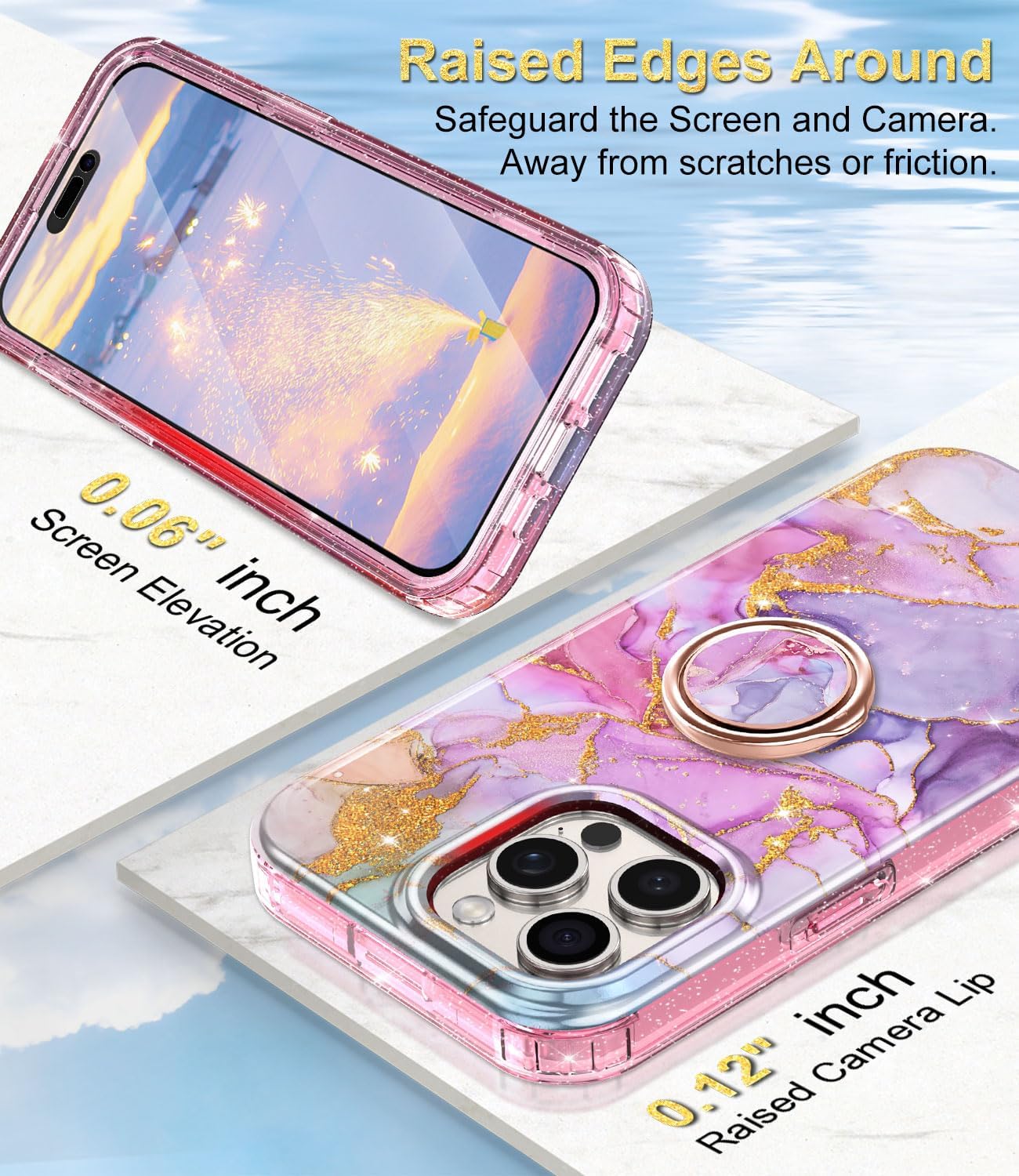Btscase Funda para iPhone 15 Pro Max de 6.7 pulgadas, protector de pantalla integrado con soporte de anillo de 360, cuerpo completo de doble capa