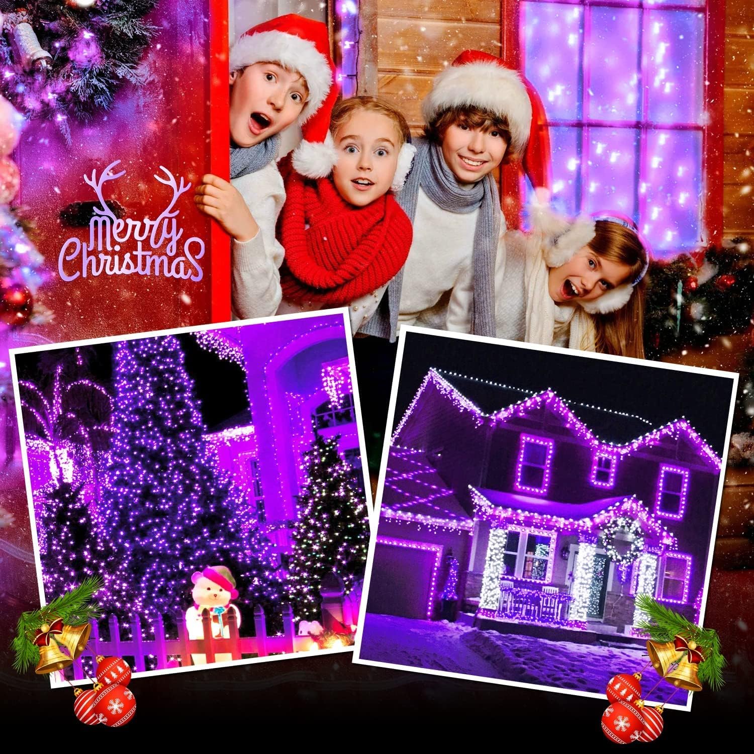 JMEXSUSS 600 luces LED solares moradas de Halloween, 206.7 pies, luces solares de Navidad impermeables para exteriores, 8 modos de luces moradas