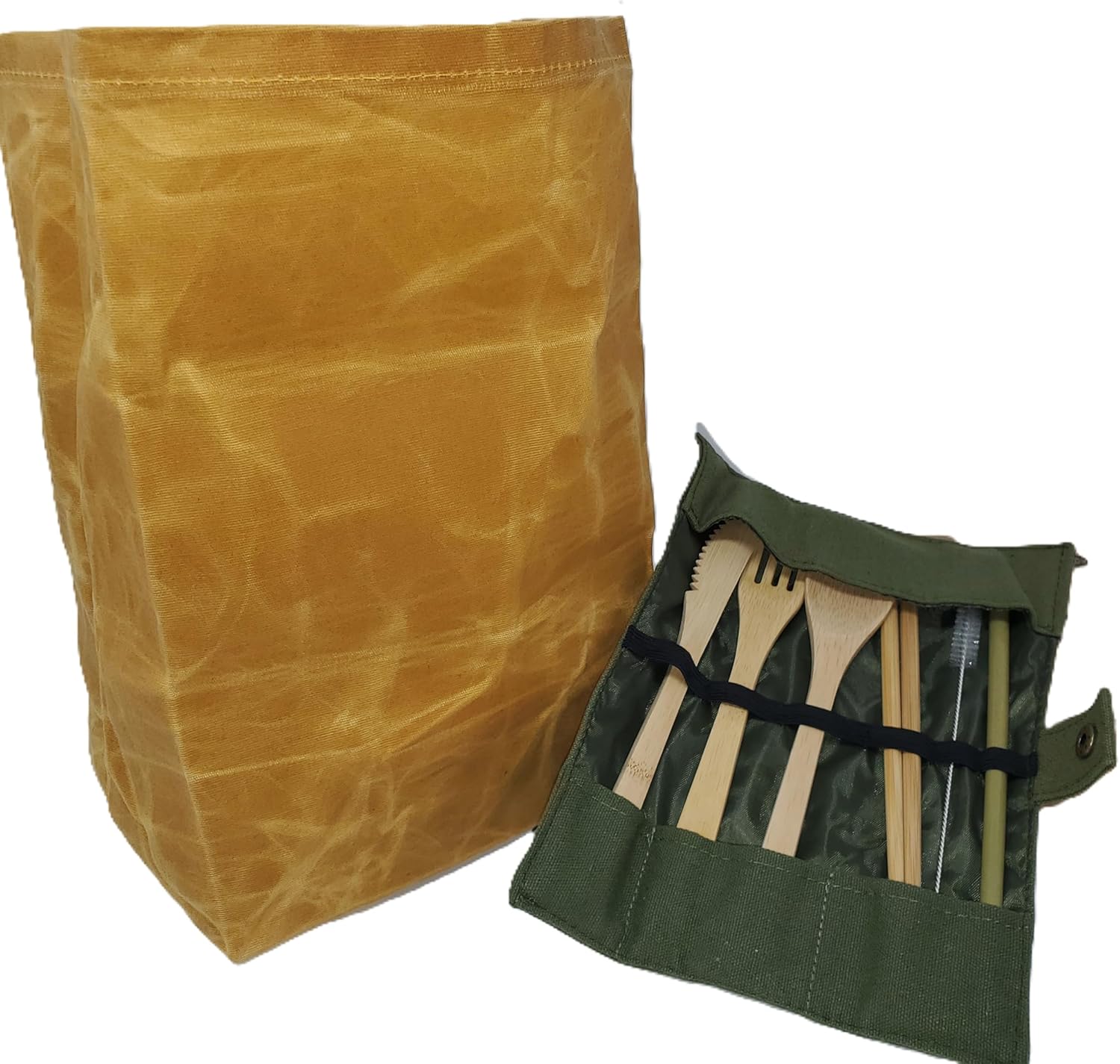 Juego de loncheras de lona ecológica. 1 bolsa de almuerzo de lona encerada resistente e impermeable1 juego de cubiertos de bambú (1 cuchillo, 1