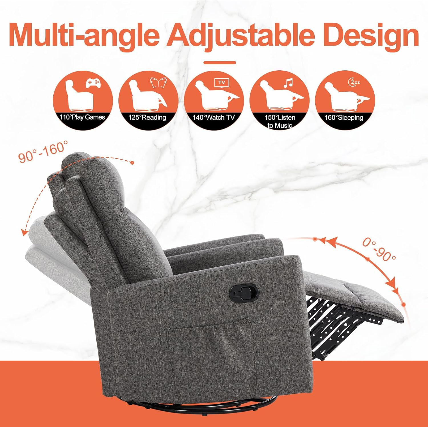 Mecedora giratoria reclinable, mecedora manual mecedora para guardería, sofá reclinable tapizado de lino con respaldo alto, asiento profundo y