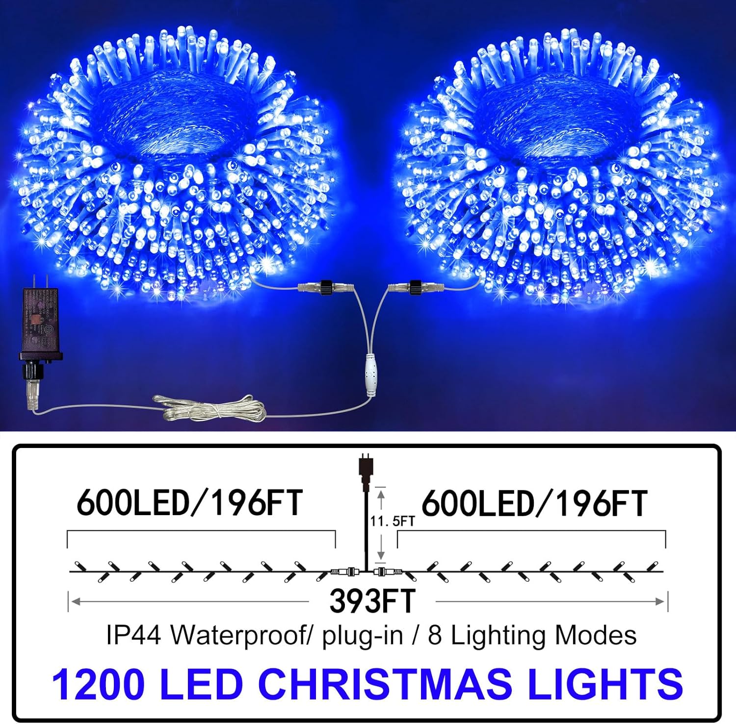 FLVOECN 1200 luces LED de Navidad de 392 pies, decoración al aire libre, 8 modos y temporizador de memoria, luces de Navidad con enchufe remoto,