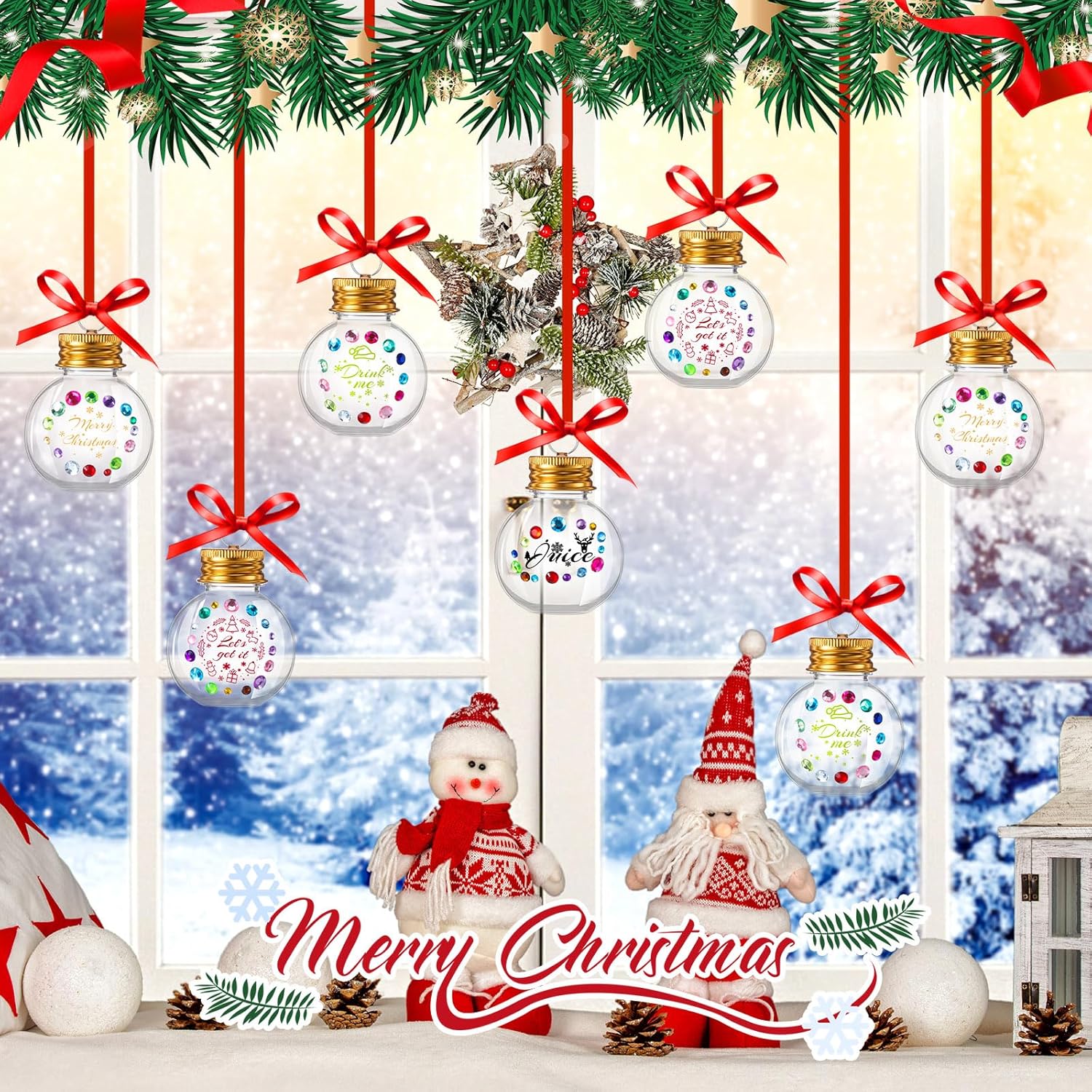 Suttmin 24 bolas de alcohol de Navidad, bolas de plástico transparente para adornos, adorno colgante para árbol con calcomanías de diamantes de