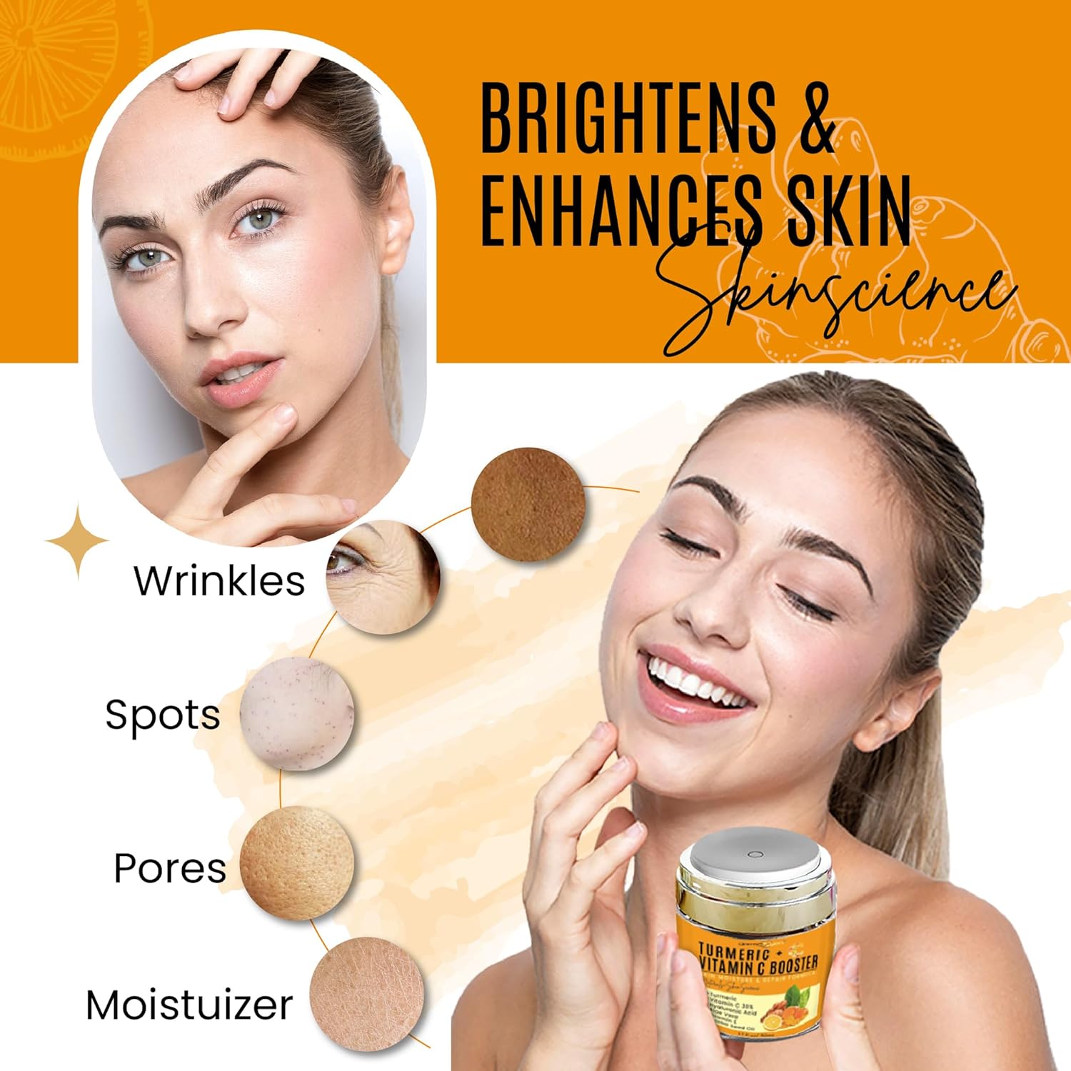 Cúrcuma + 30% vitamina C Face Glow Booster Hidratante y Crema Reparadora de la Piel – con ácido hialurónico, ingredientes orgánicos – Hidratante