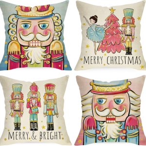 Ussap Juego de 4 fundas de almohada decorativas de cascanueces de Feliz Navidad de 18 x 18 pulgadas, decoración de fundas de cojín de madera de Ussap Juego de 4 fundas de almohada decorativas de cascanueces de Feliz Navidad de 18 x 18 pulgadas, decoración de fundas de cojín de madera de