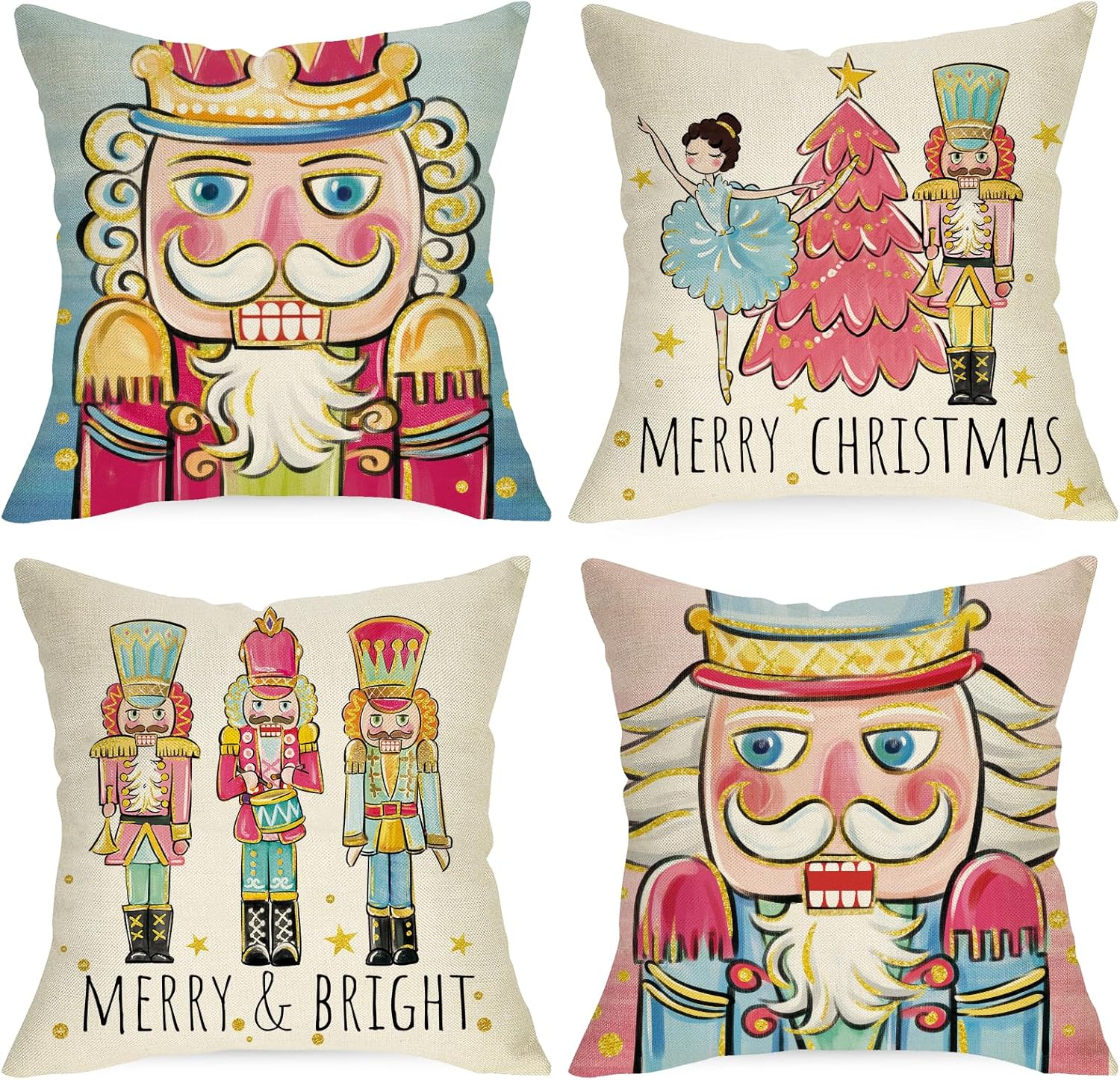 Ussap Juego de 4 fundas de almohada decorativas de cascanueces de Feliz Navidad de 18 x 18 pulgadas, decoración de fundas de cojín de madera de