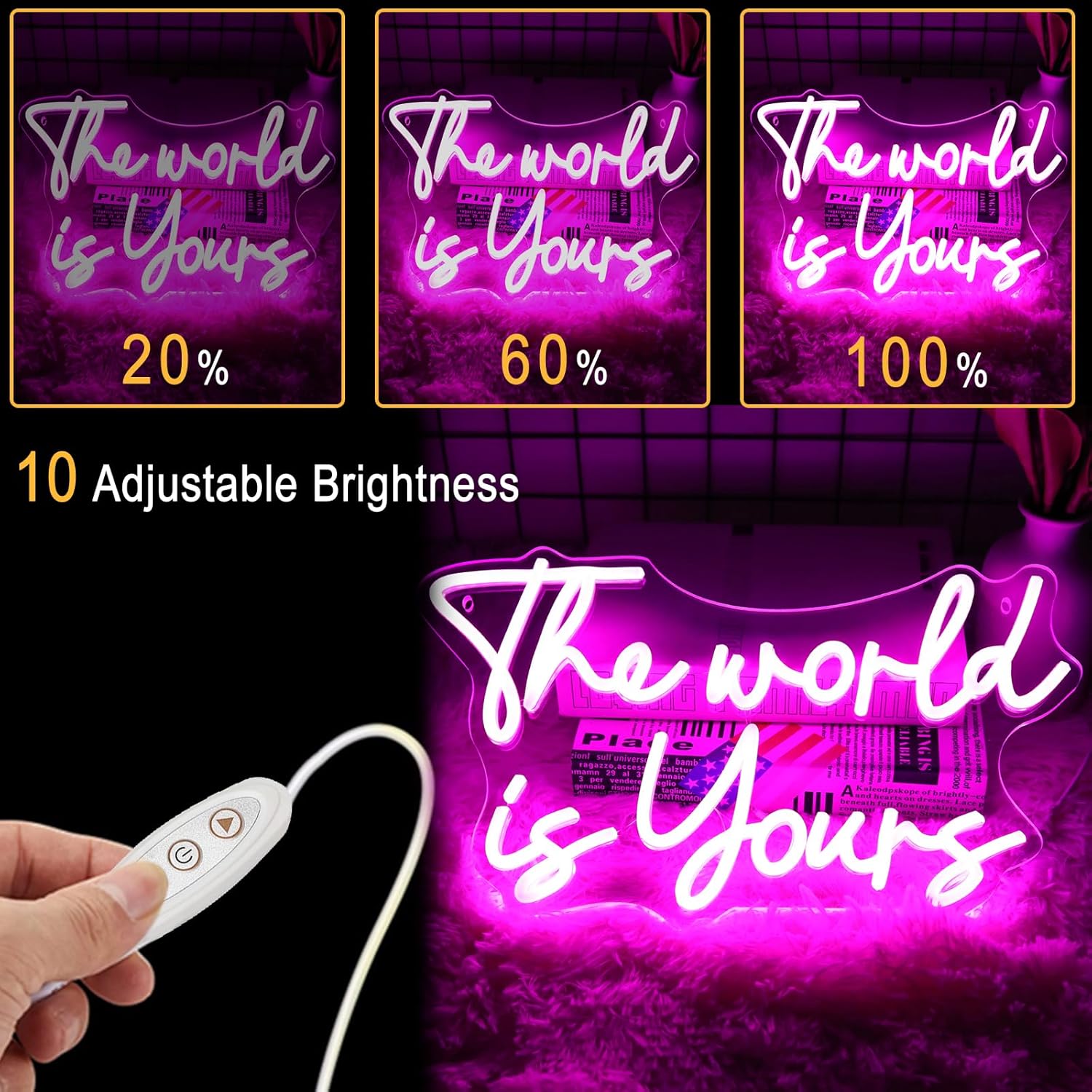 Letreros de neón de The World Is Yours, luz LED de neón rosa para decoración de pared, letrero iluminado para feliz cumpleaños, boda, compromiso,