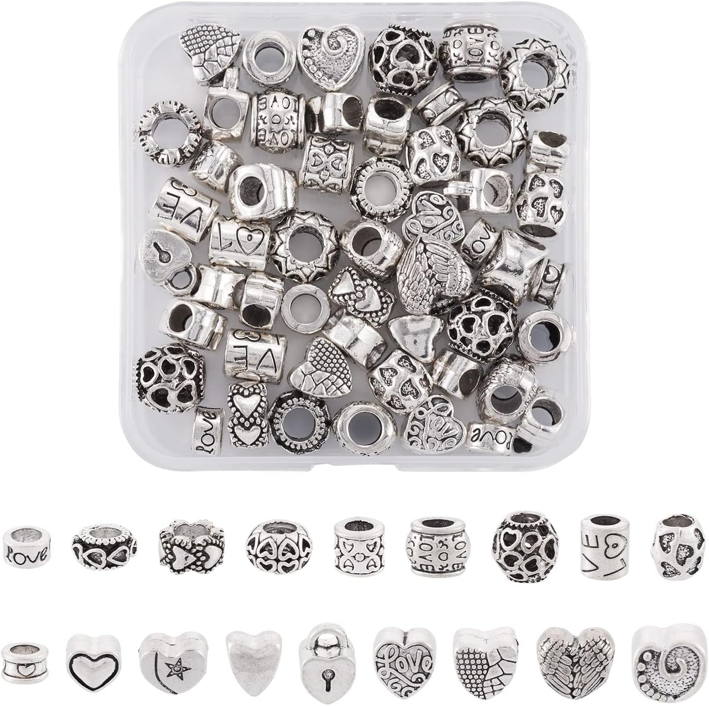 Cheriswelry 72 cuentas de agujero grande europeo tibetano de 0.295-0.472 in, columna de corazón de plata antigua, espaciadores sueltos, suministros
