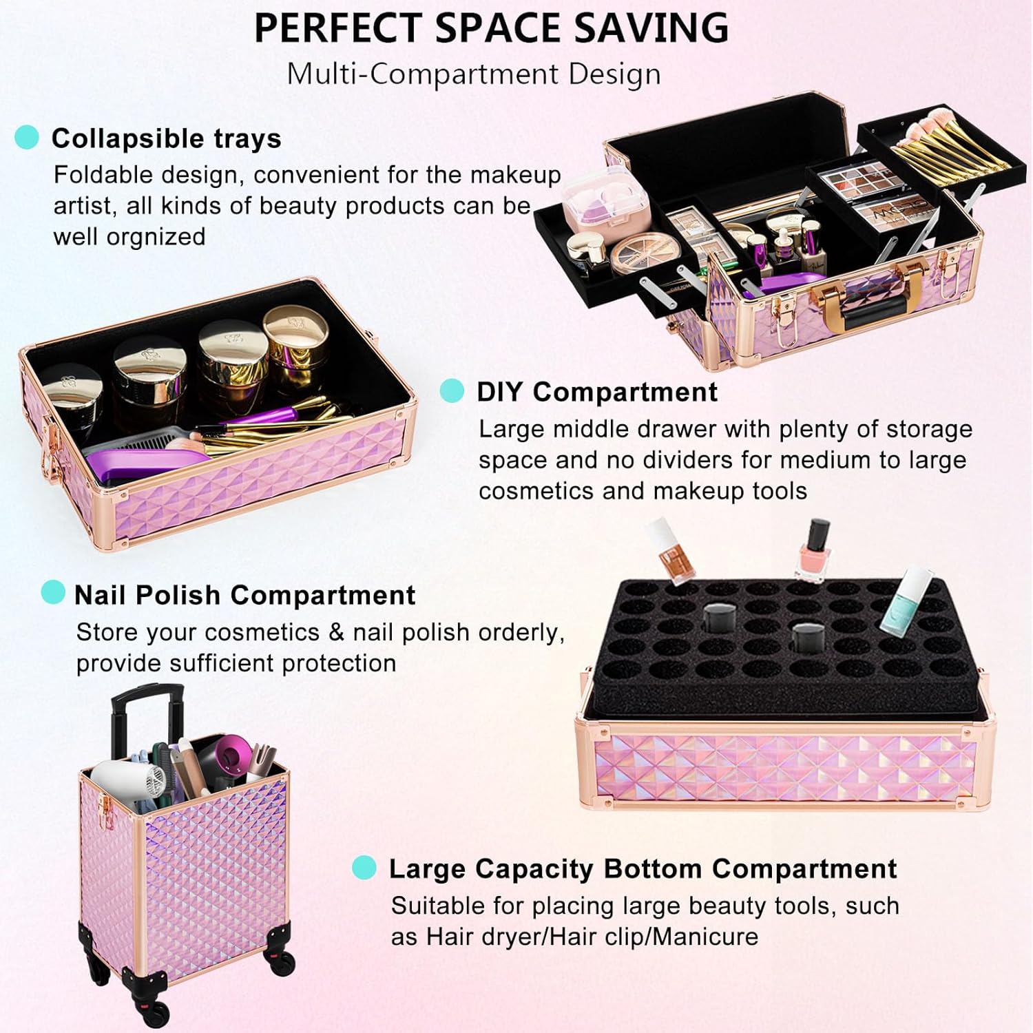 Maletín de tren de maquillaje rodante, carrito de cosméticos de gran capacidad, 4 en 1, estuche de viaje de maquillaje con ruedas giratorias para