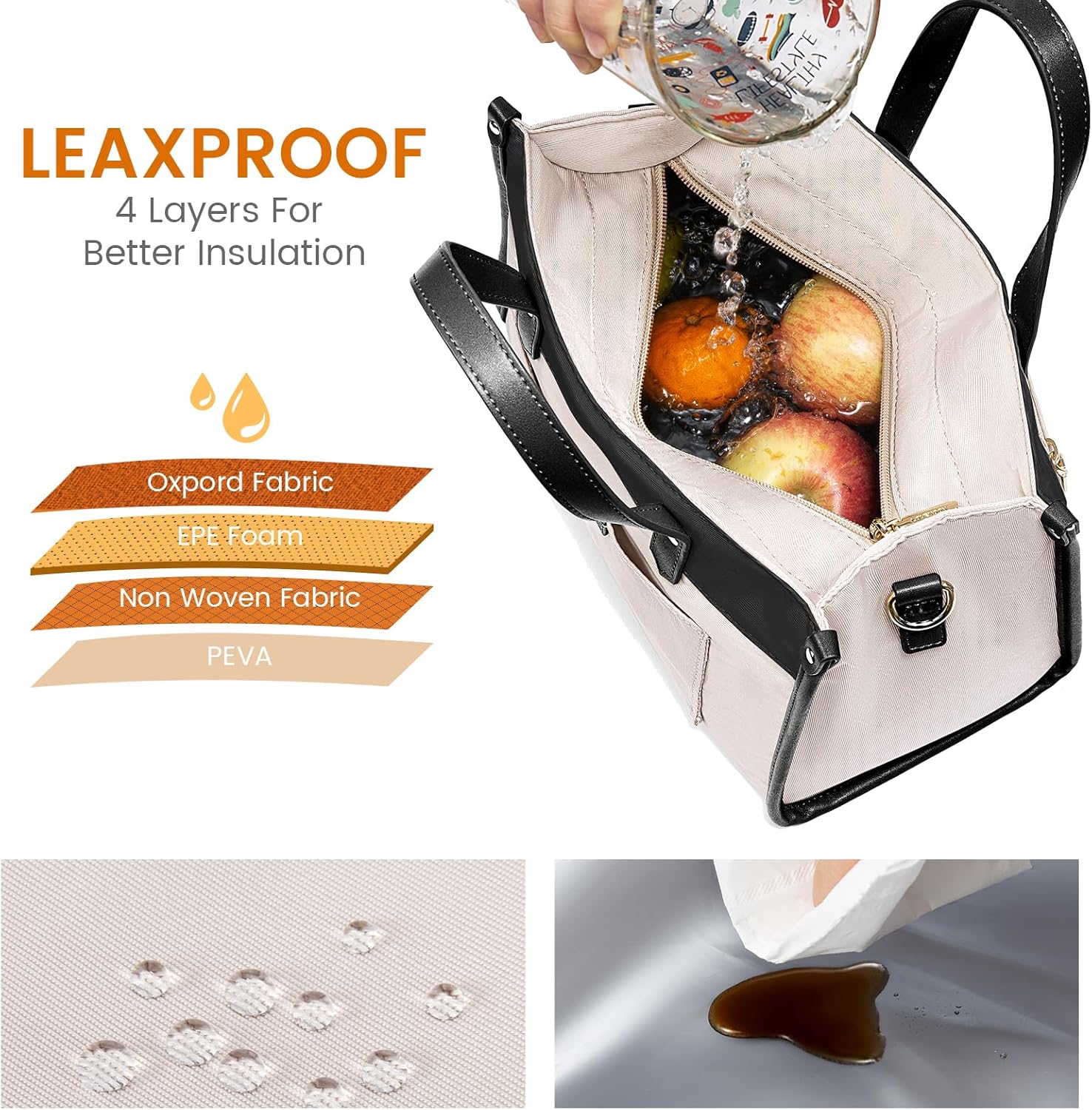 LOVEVOOK Bolsa de almuerzo para mujer, bolsa de almuerzo aislada de gran capacidad para oficina, trabajo, picnic, playa, a la moda, beige y negro, S