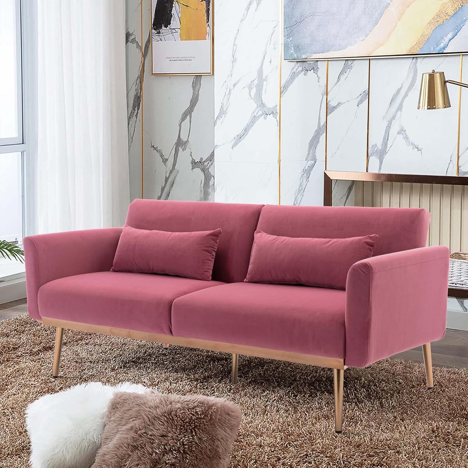 TMEOSK Sofá cama tipo futón convertible de terciopelo de 68 pulgadas con 2 almohadas, moderno sofá biplaza plegable, sofá reclinable para sala de