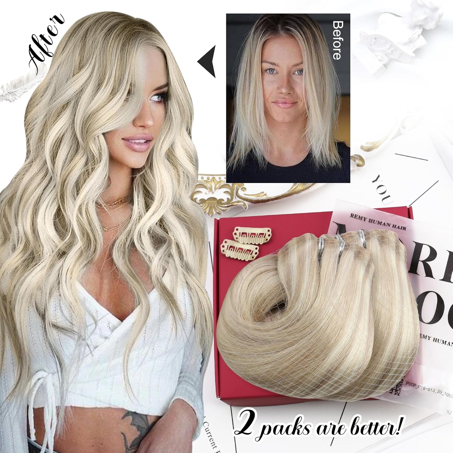 Moresoo Extensiones de cabello humano con clip, sin costuras, color rubio ceniza con reflejos rubios, extensiones de cabello humano real Remy con