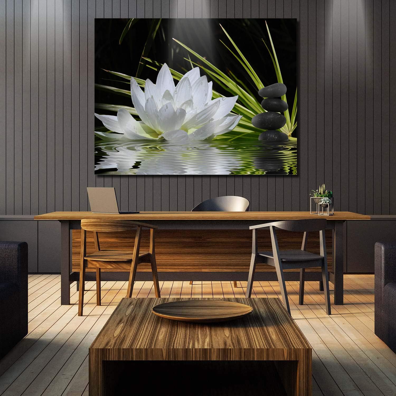 Lienzo decorativo para pared, imagen de loto blanco y piedras zen negras, decoración moderna de pared, envoltura de lienzo de galería, impresión