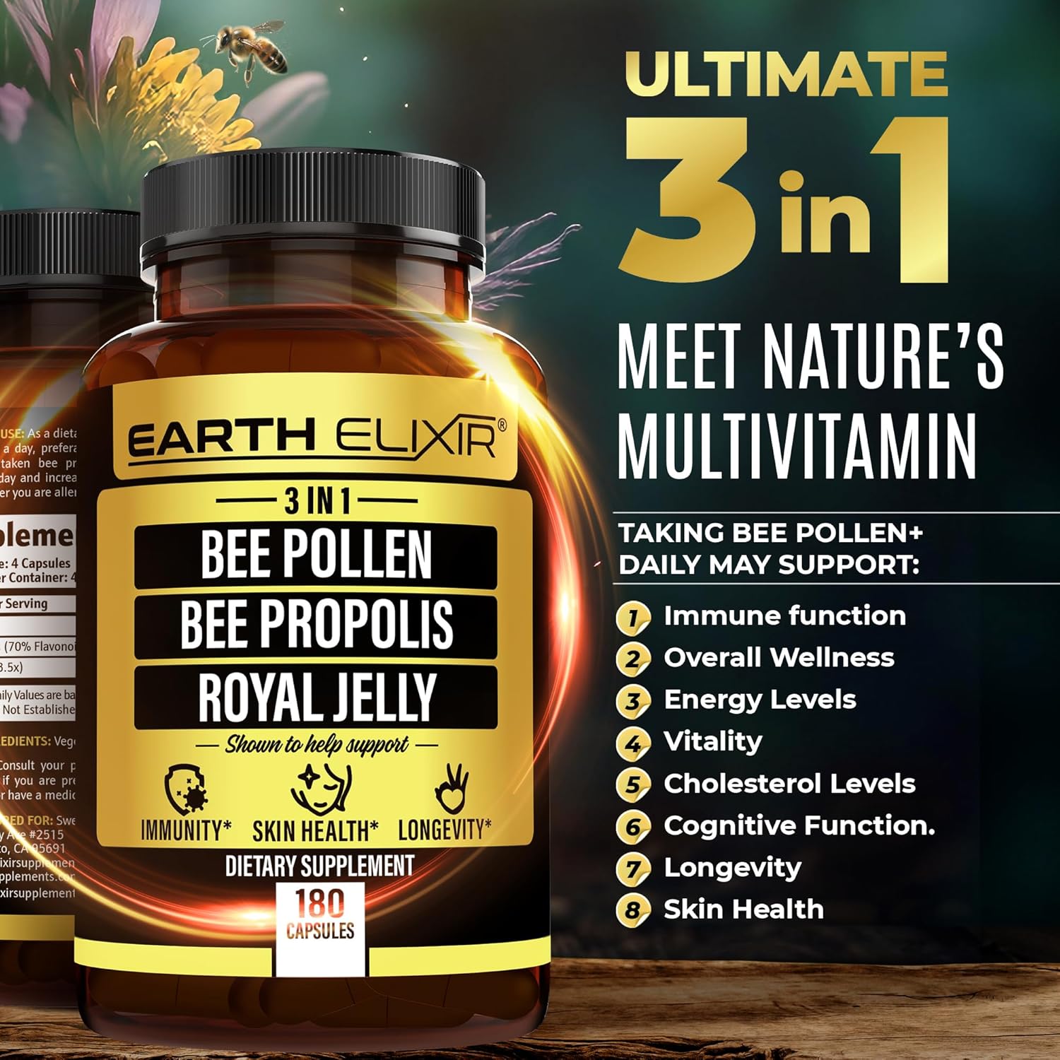 Polen de abeja orgánico 3 en 1 de 1000 mg (180 cápsulas) con cápsula de abeja de 1000 mg y cápsula de jalea real de 1000 mg – Hecho en Estados