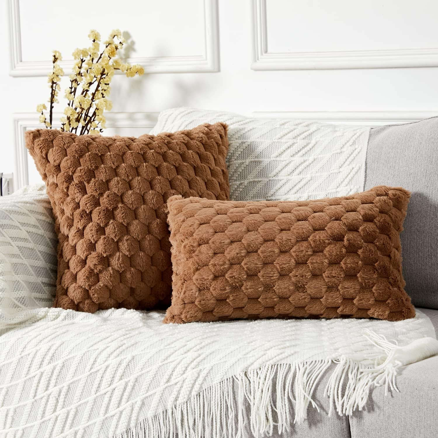 Yaertun Paquete de 2 fundas de cojín decorativas, súper suaves y acogedoras, de felpa y pelo sintético, fundas de cojín de lujo para sofá, cama,