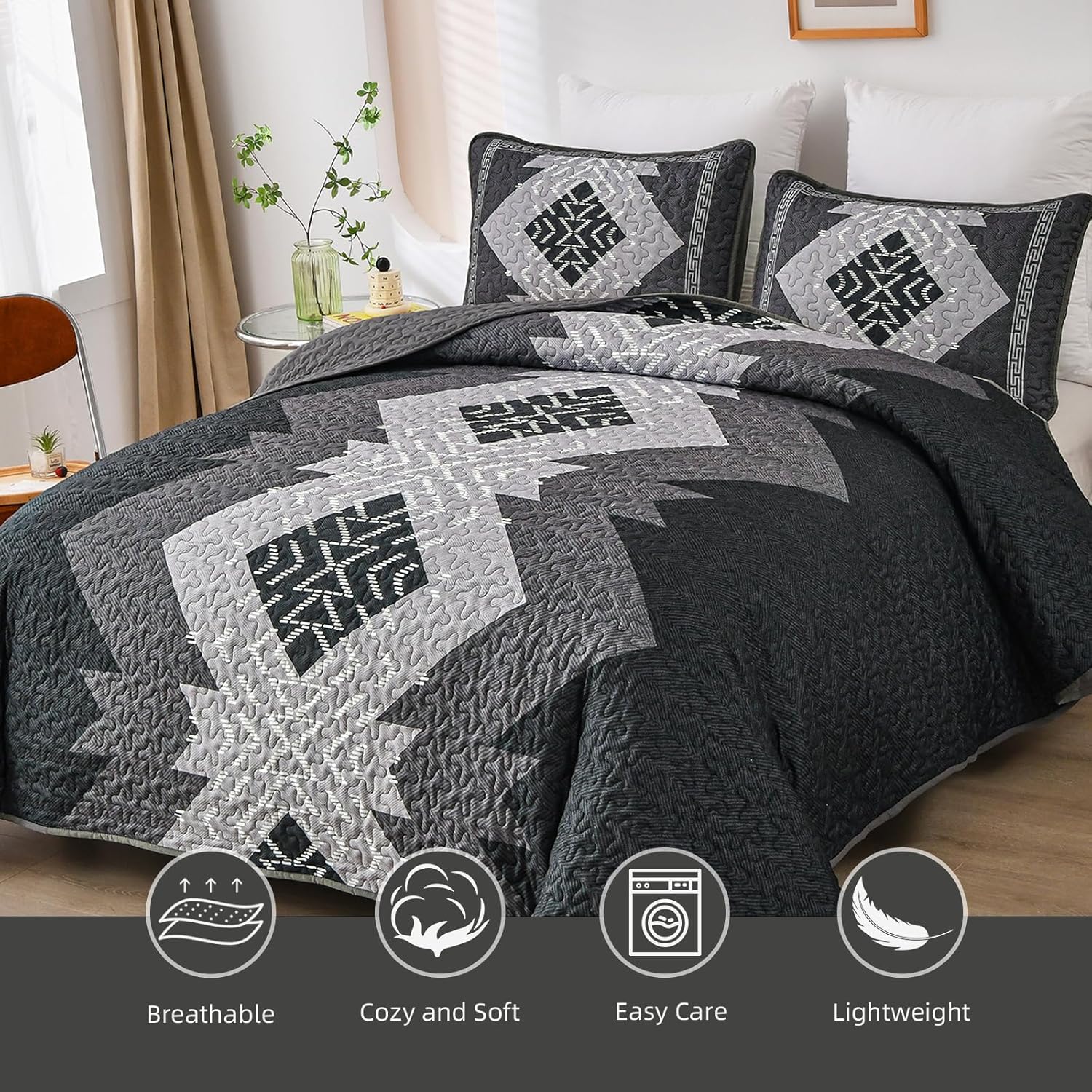 Dintszyayue Juego de edredón bohemio de 3 piezas, tamaño King, con textura azteca negro, gris, juego de ropa de cama bohemia de microfibra ligera