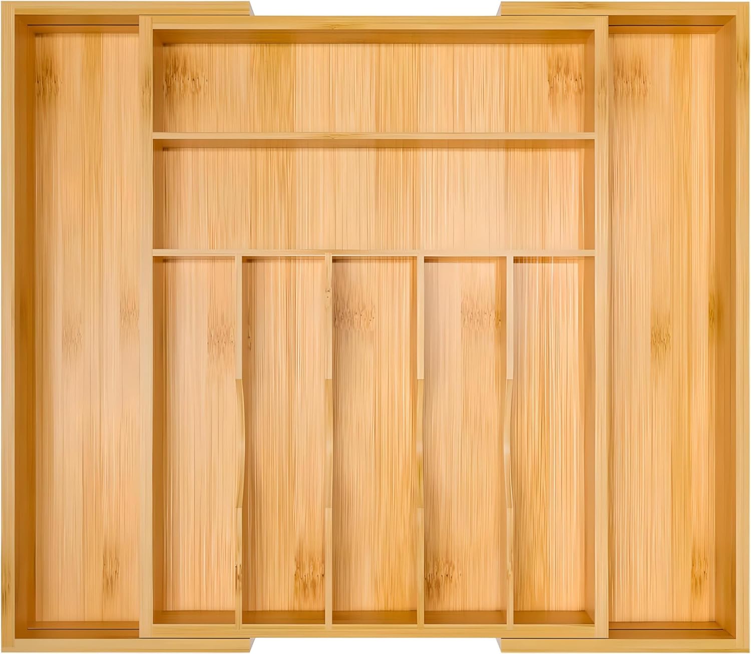 Organizador de cajones de cocina con base reforzada y divisores, organizador de cajones de cubiertos expandible, soporte de utensilios de bambú para
