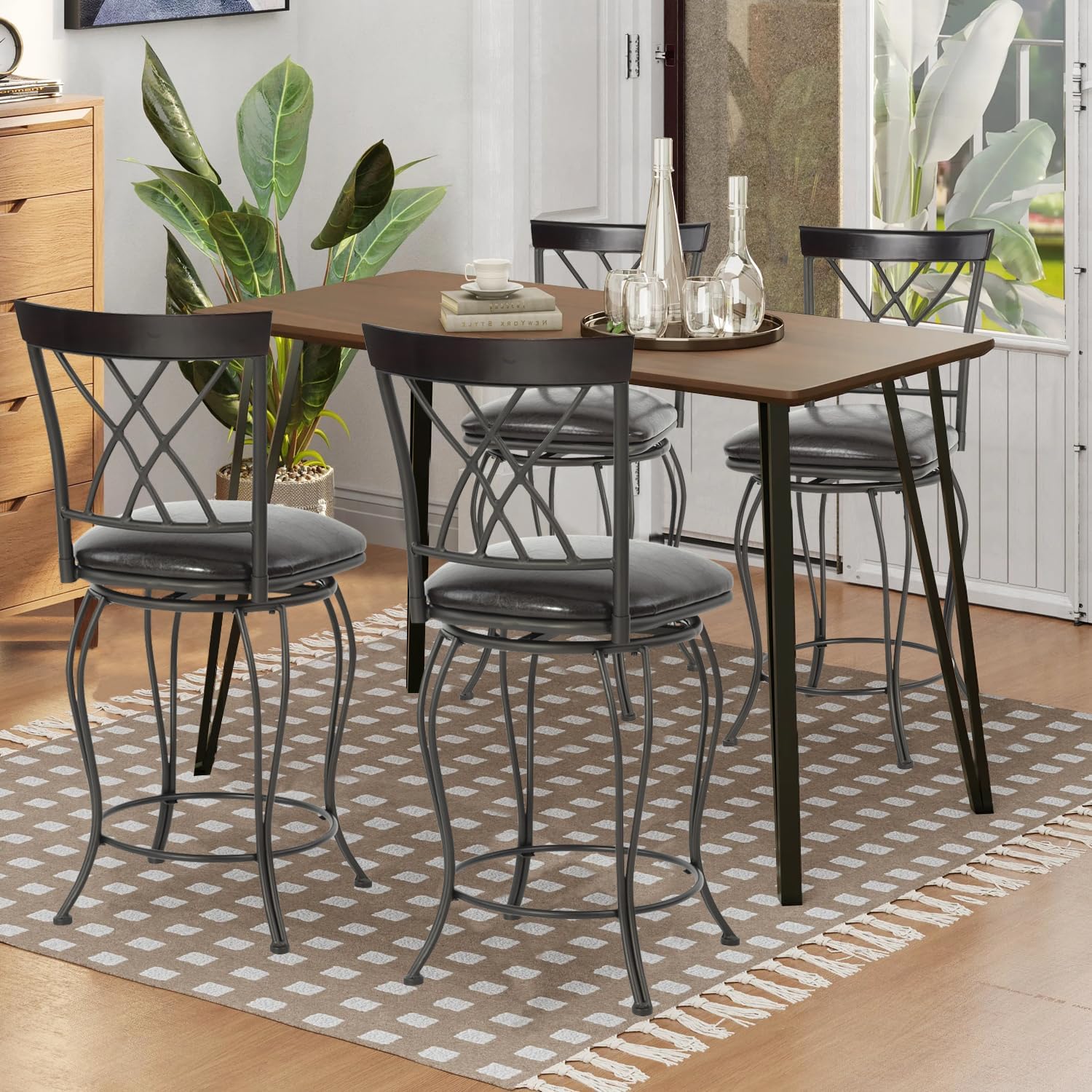 FurnitureR Juego de 2 taburetes de bar clásicos, elegantes taburetes de bar giratorios con respaldo de metal y reposapiés para cocina, isla, pub,
