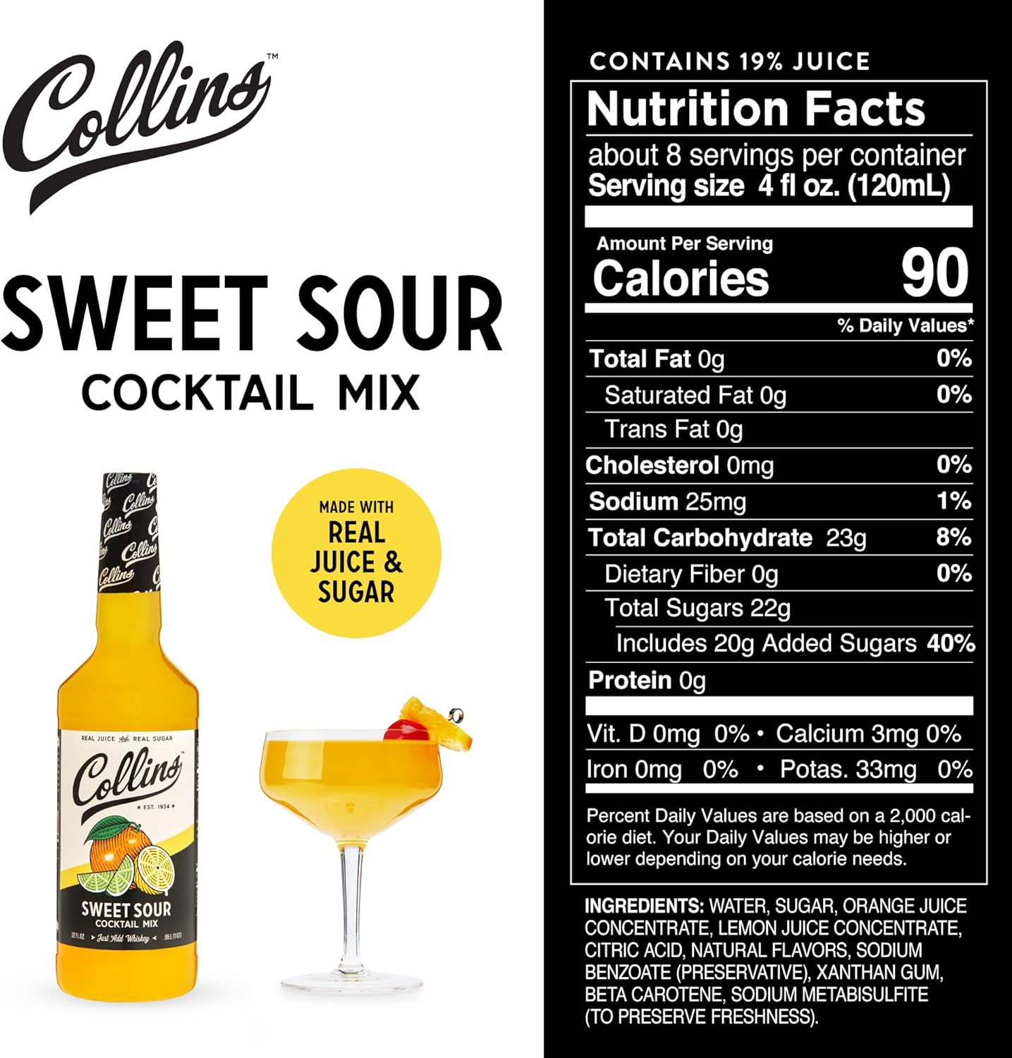 Collins Mezcla agridulce, hecha con jugo de naranja real y limón, ingrediente clásico de la receta de cóctel, 32 onzas líquidas