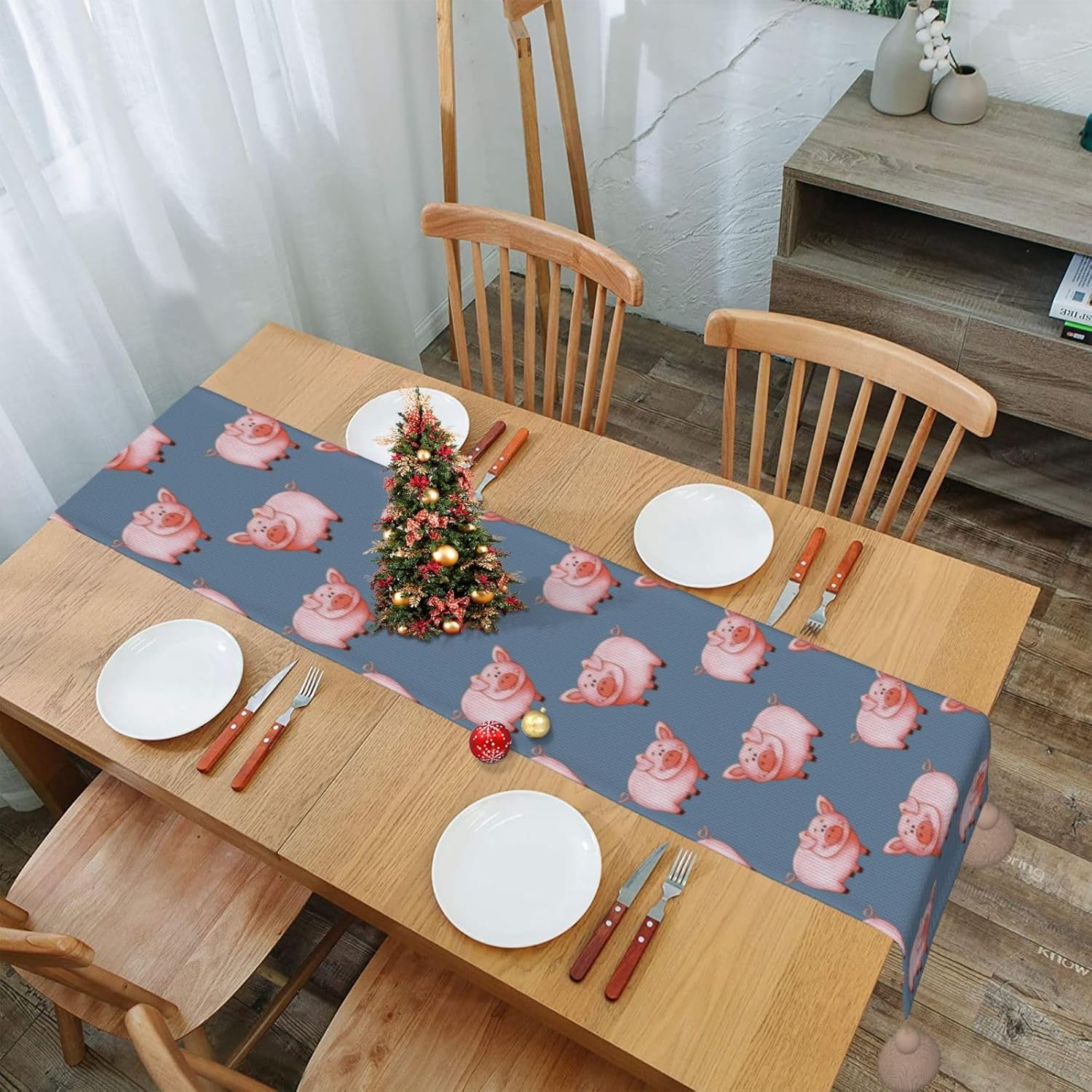 Camino de mesa de Navidad con cerdo de acuarela, decoración de mesa de comedor, decoración de Navidad, decoración de interiores del hogar, caminos