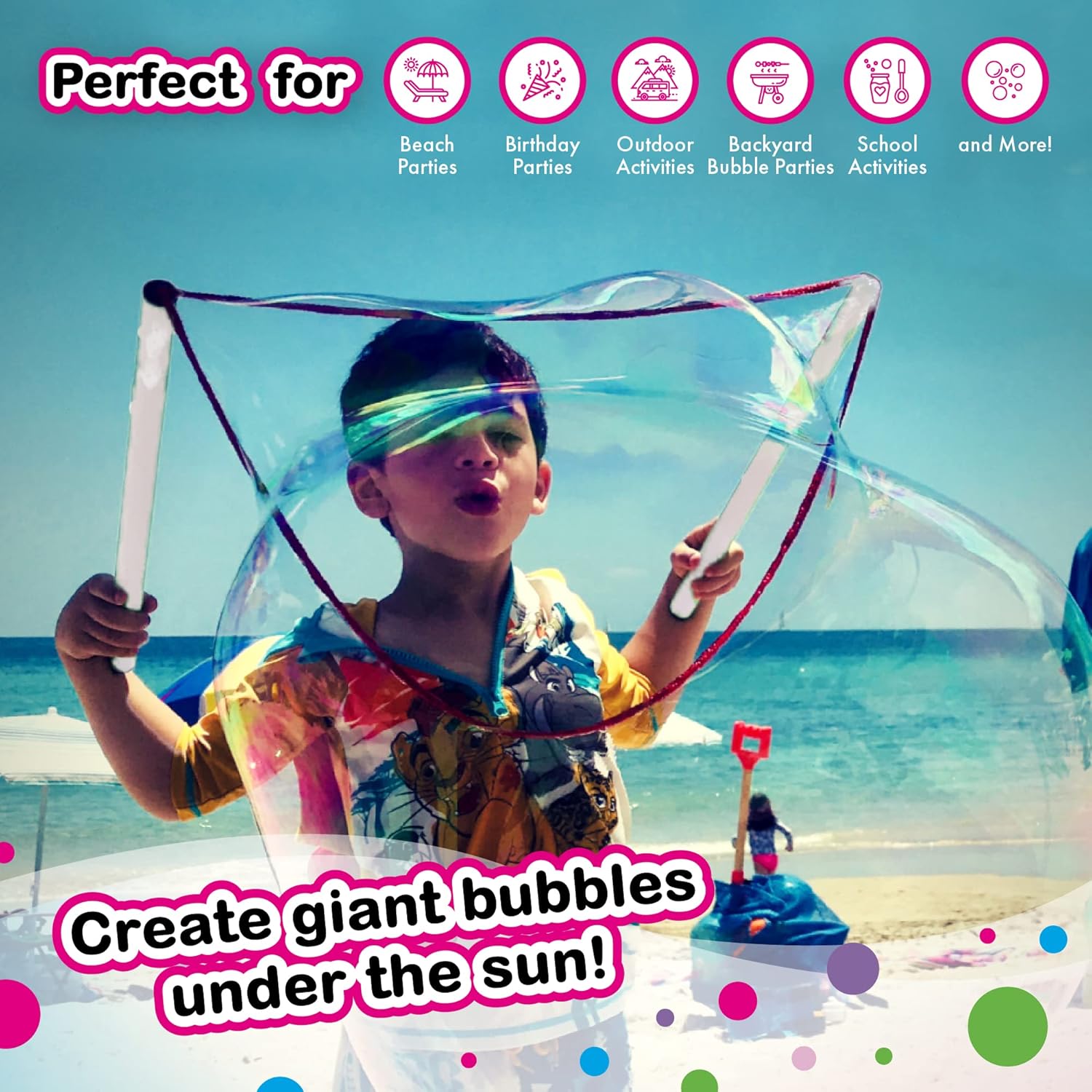 WOWMAZING – Kit de burbujas gigantes Unicornio, incluye varita, 2 bolsas de concentrado de burbujas grandes y 8 calcomanías mágicas activadas por