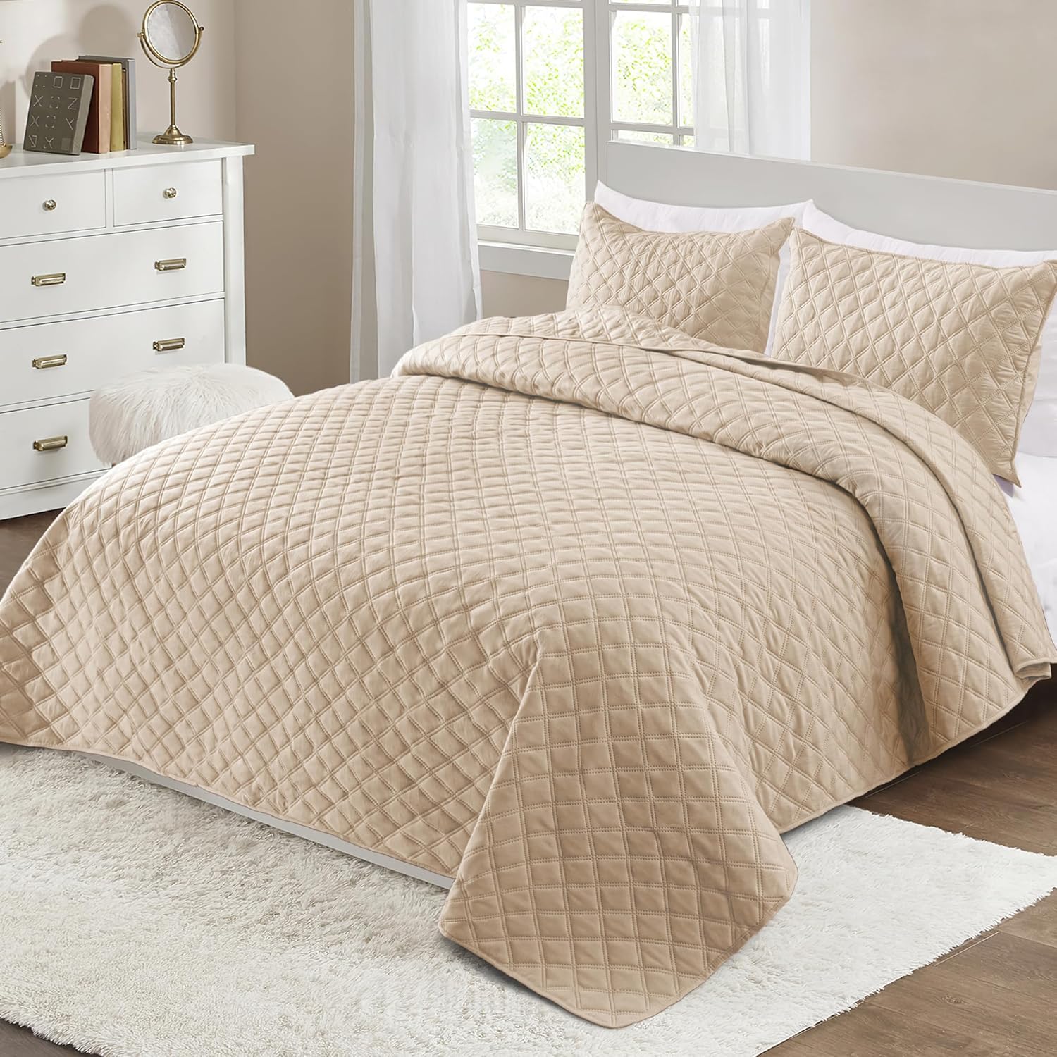 Exclusivo Mezcla Juego de edredón tamaño individual, colcha suave de hueso beige para todas las estaciones, juego de ropa de cama ligero y moderno