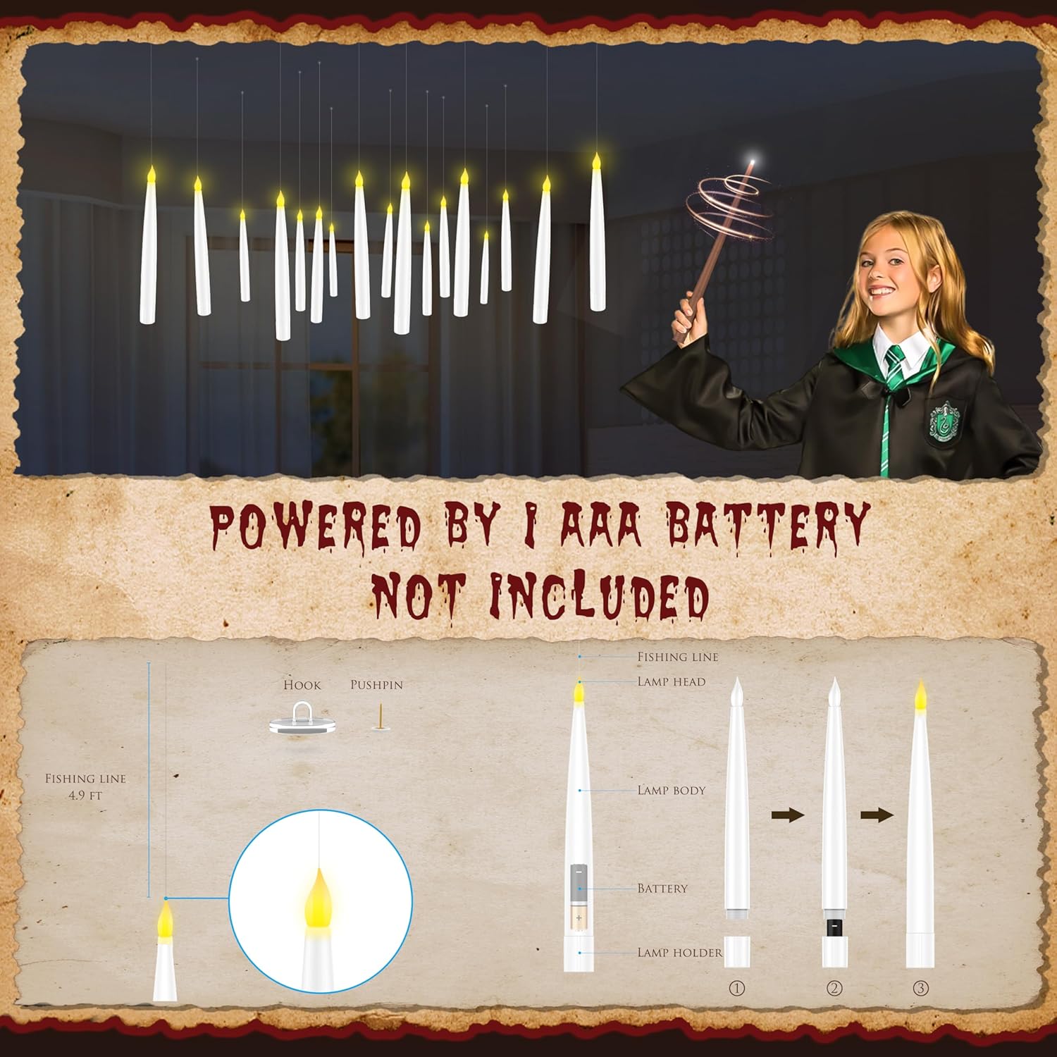 TOBRBE 20 Pcs Floating Candles with Wand, Magic Hanging Candles Flameless Flickering LED Candles with Wand Remote, Battery Operated Window Candles