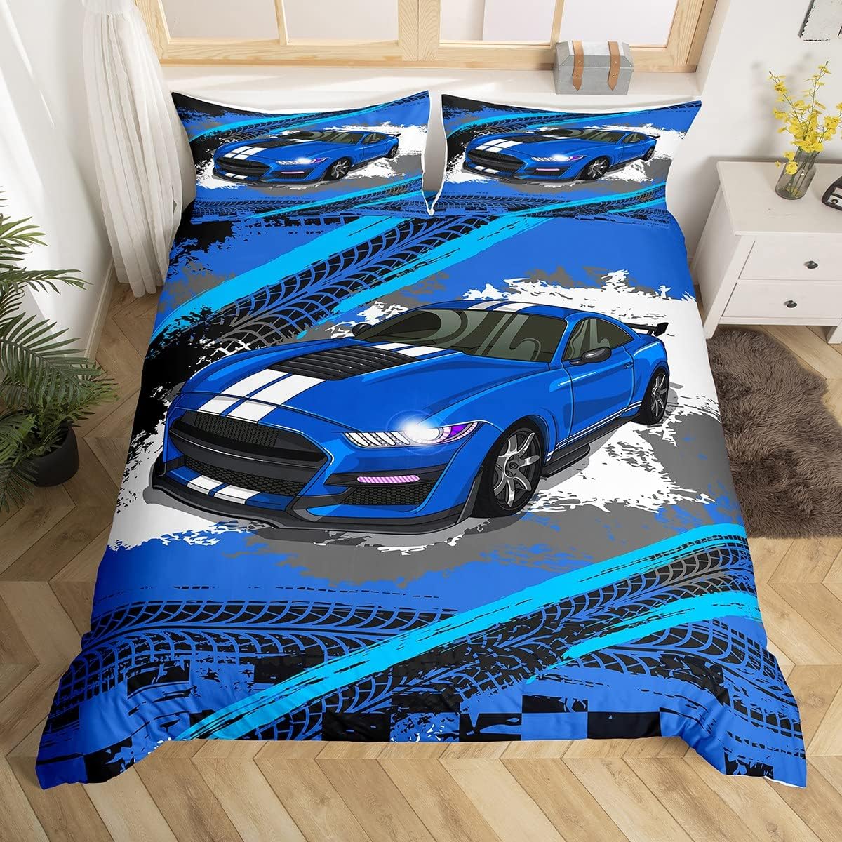 Funda de edredón azul para niños y hombres, juego de ropa de cama de auto de carreras de graffiti tamaño matrimonial, funda de edredón de pista de