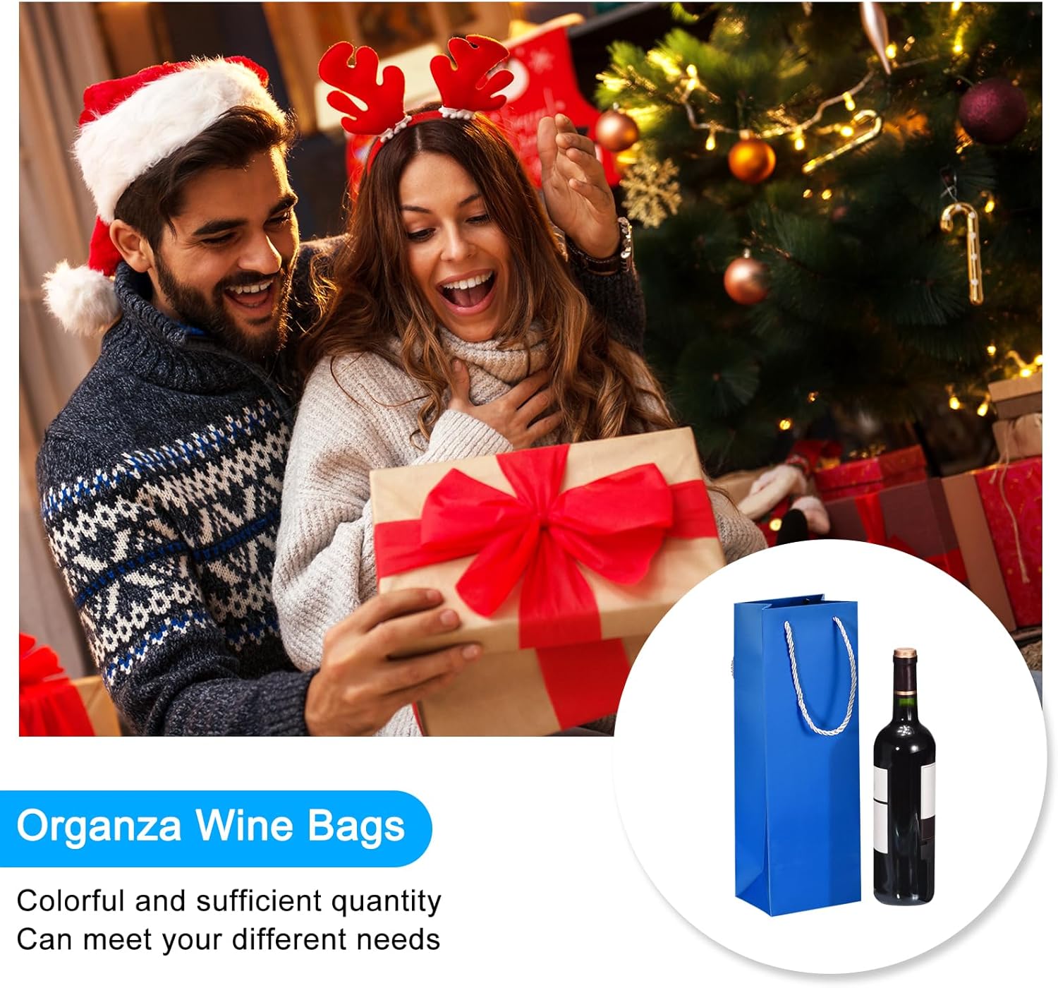 uxcell Bolsas de vino, 12 unidades, color azul, de 5 x 4 x 14 pulgadas, bolsas de regalo de vino con asas de cuerda, bolsa de papel para vino, para