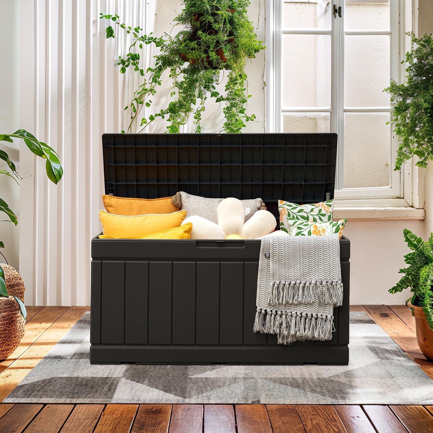Flamaker Caja de almacenamiento para exteriores, 85 galones, de resina, impermeable, con textura de madera, contenedor de almacenamiento grande para