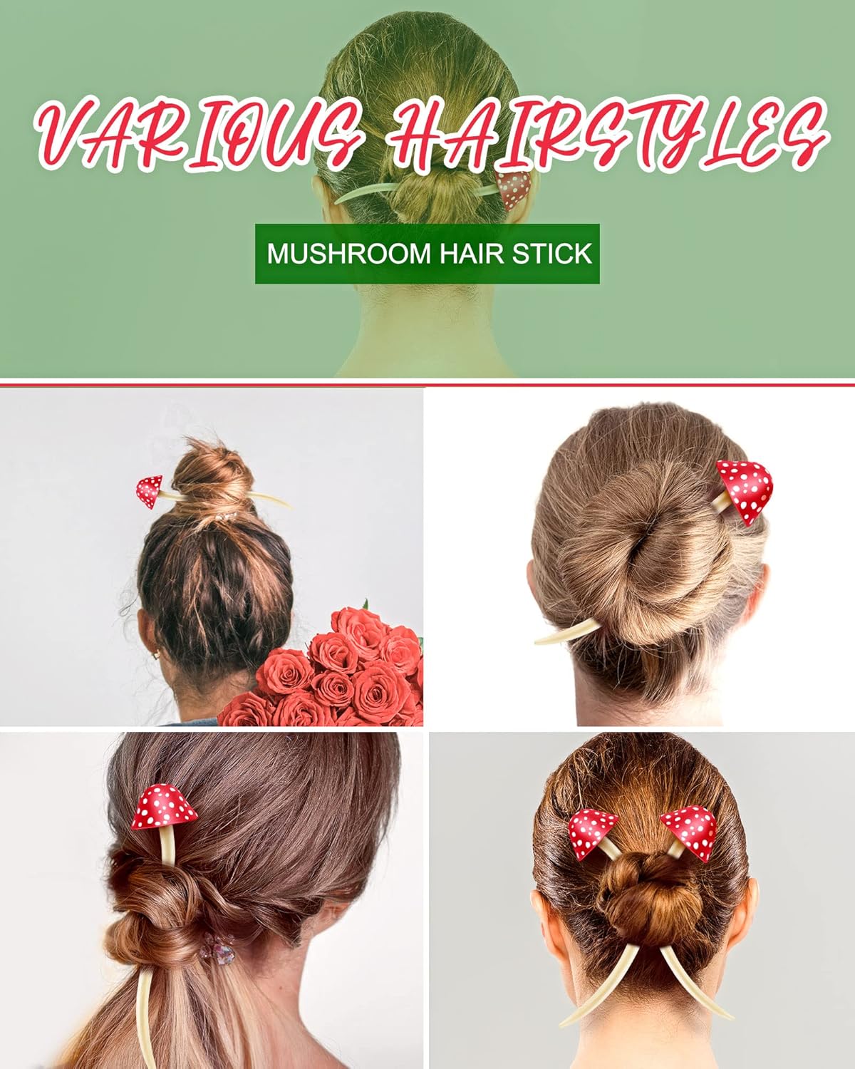 Taiyin 2 palillos de pelo de Navidad con forma de hongo para cabello largo, palillos chinos para mujeres y niñas, palillos para el cabello para